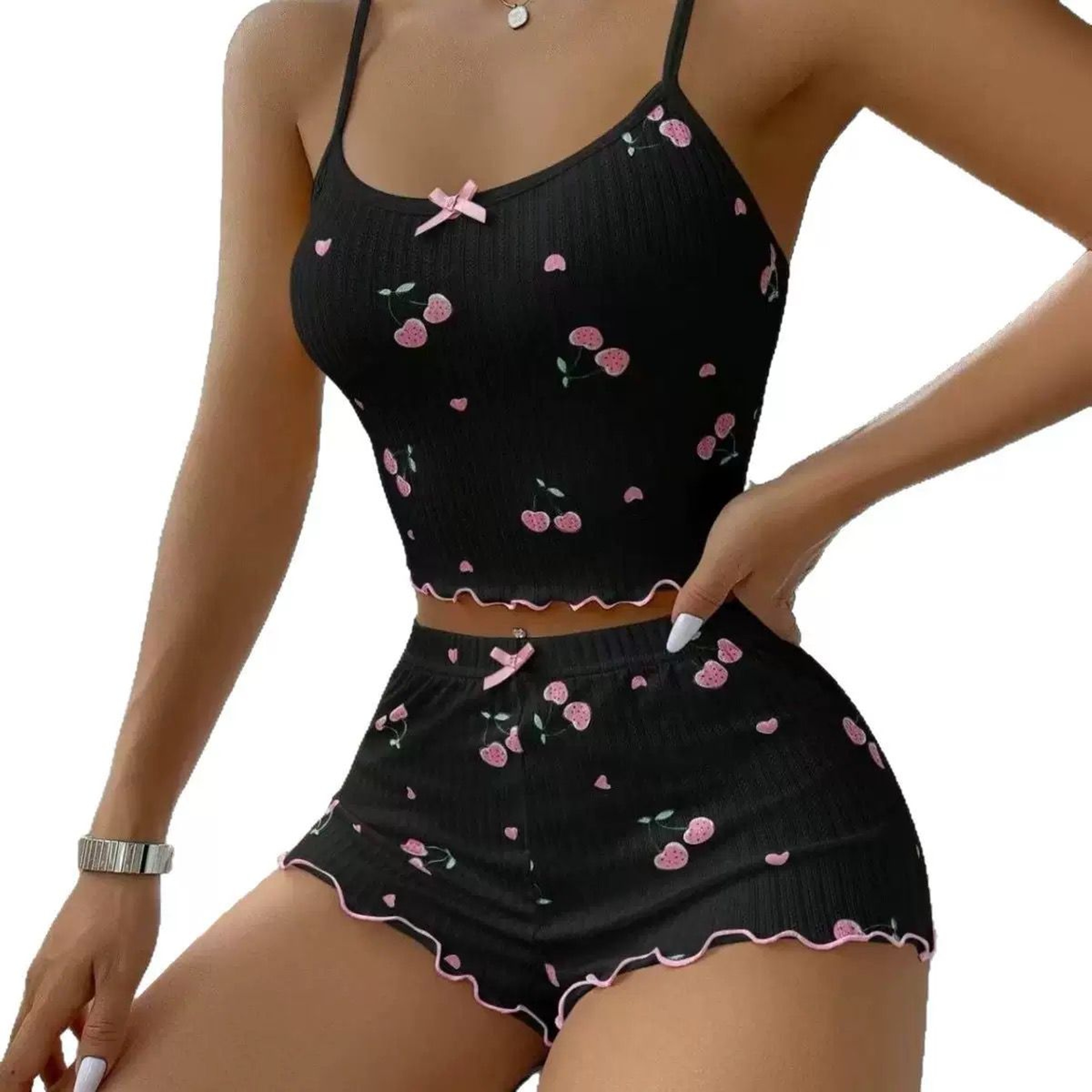 Summer Pajama Set For Women Ribbed Backless Crop Top  Shorts Heart Print  Bow Detail 0