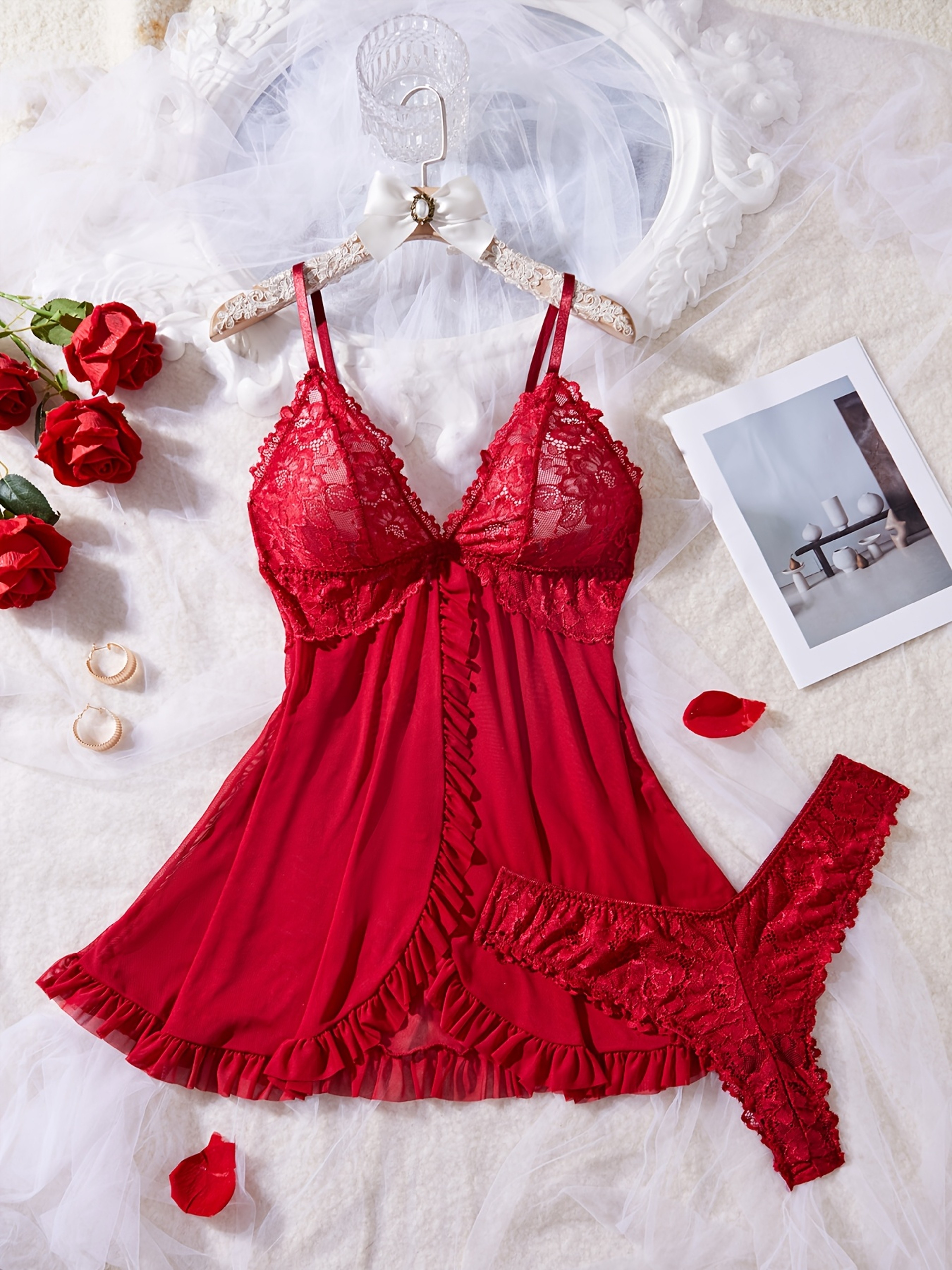 Sexy Lace Lingerie Set For Women Red Hot Sleepwear Nightdress VNeck Sheer Lace Camisole Matching Pa 0