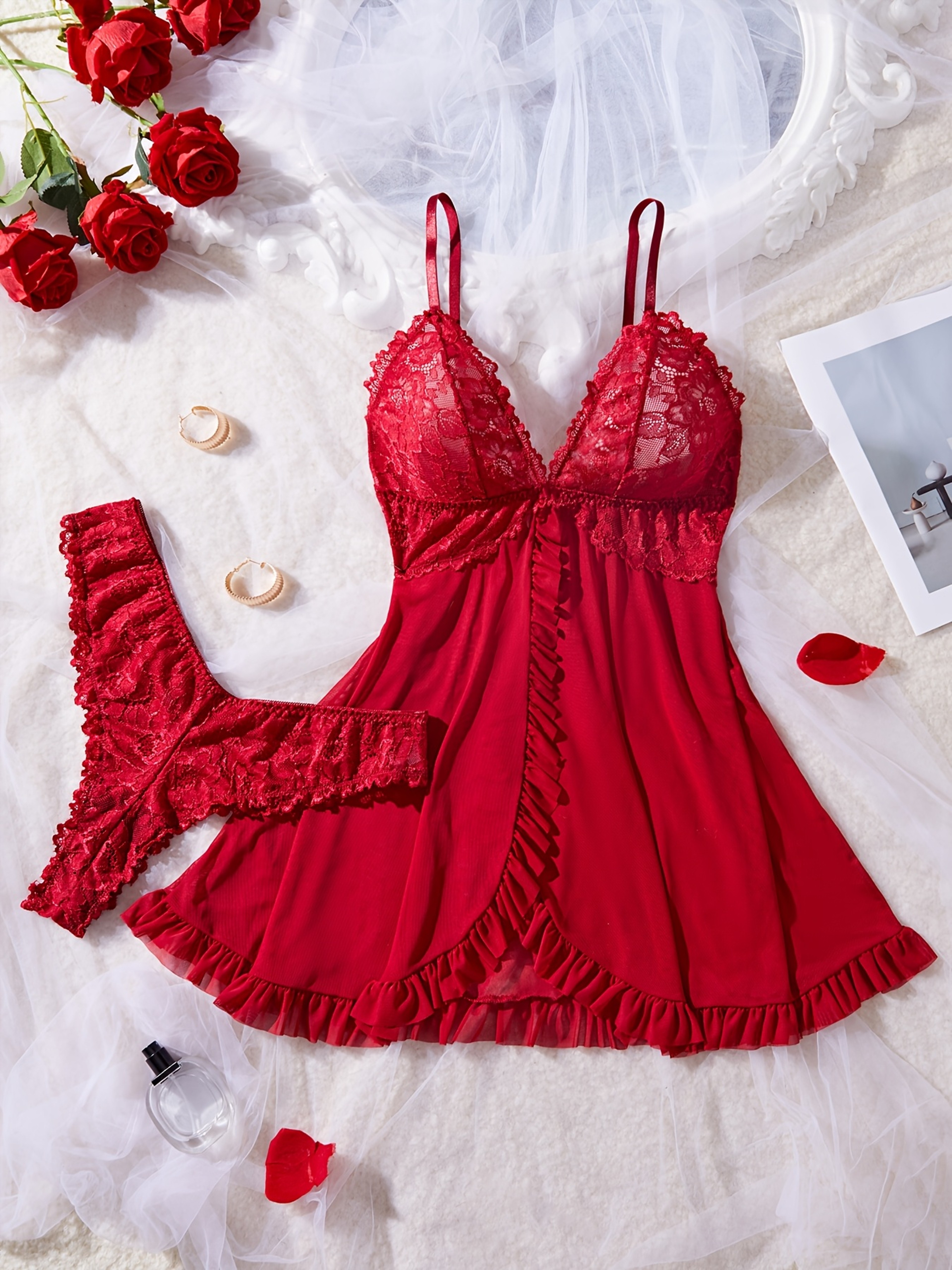 Sexy Lace Lingerie Set For Women Red Hot Sleepwear Nightdress VNeck Sheer Lace Camisole Matching Pa 5