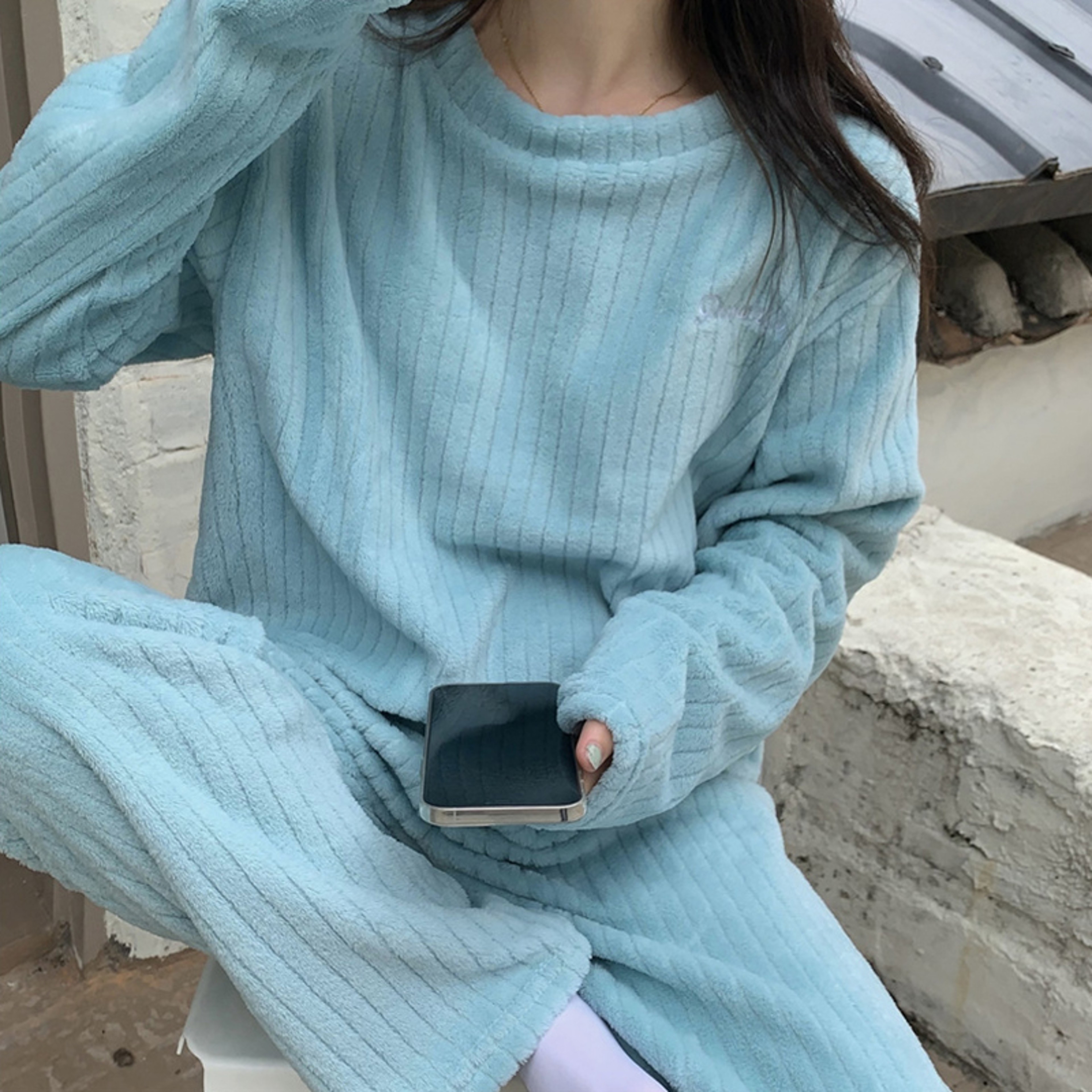Women Casual Pajama Sets Autumn Solid Warm Thicken Velvet Ribbed Fleece Set 8