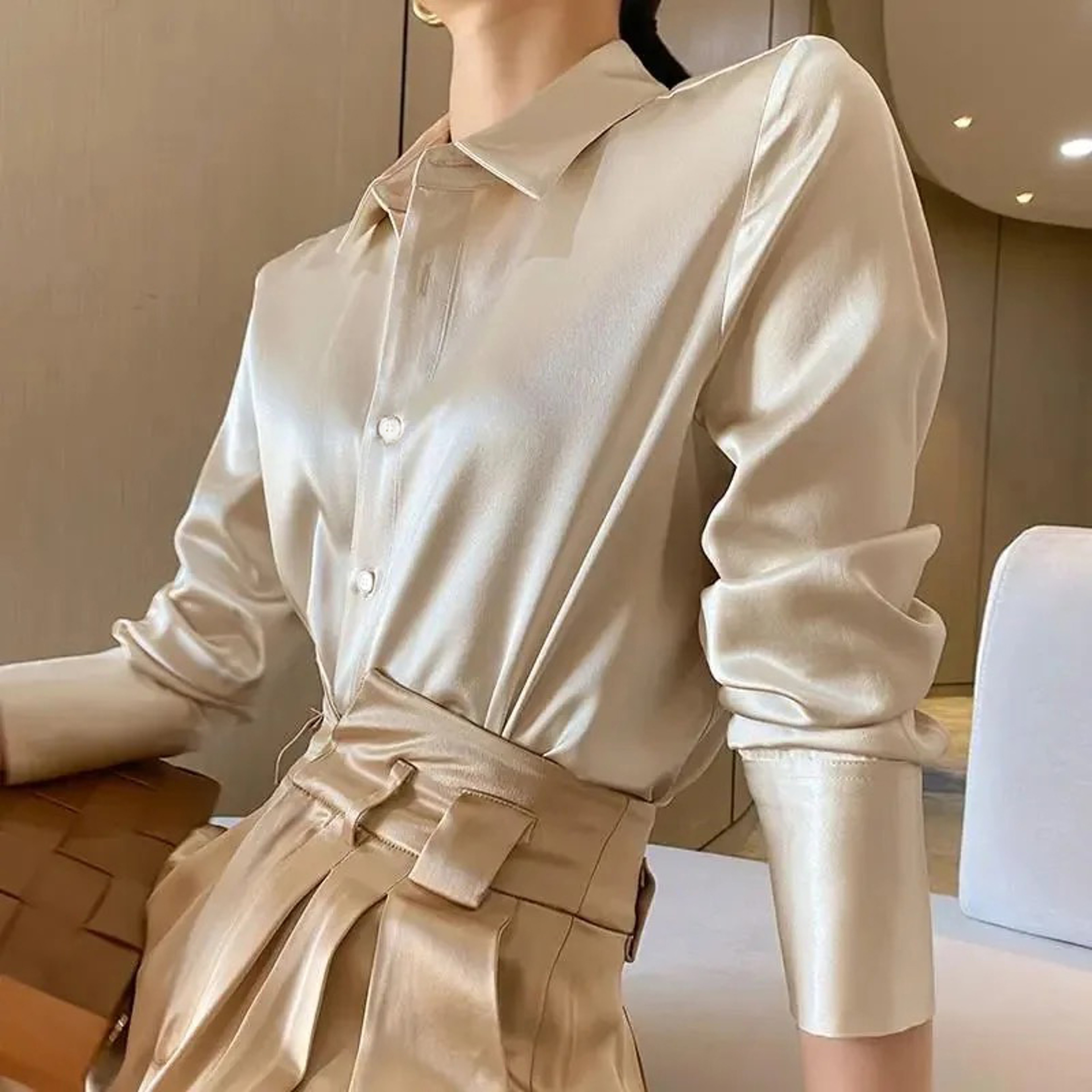 Casual Elegant Satin Long Sleeved Shirt For Office Summer Trend Fashion Womens Shirts And Blouses S 2