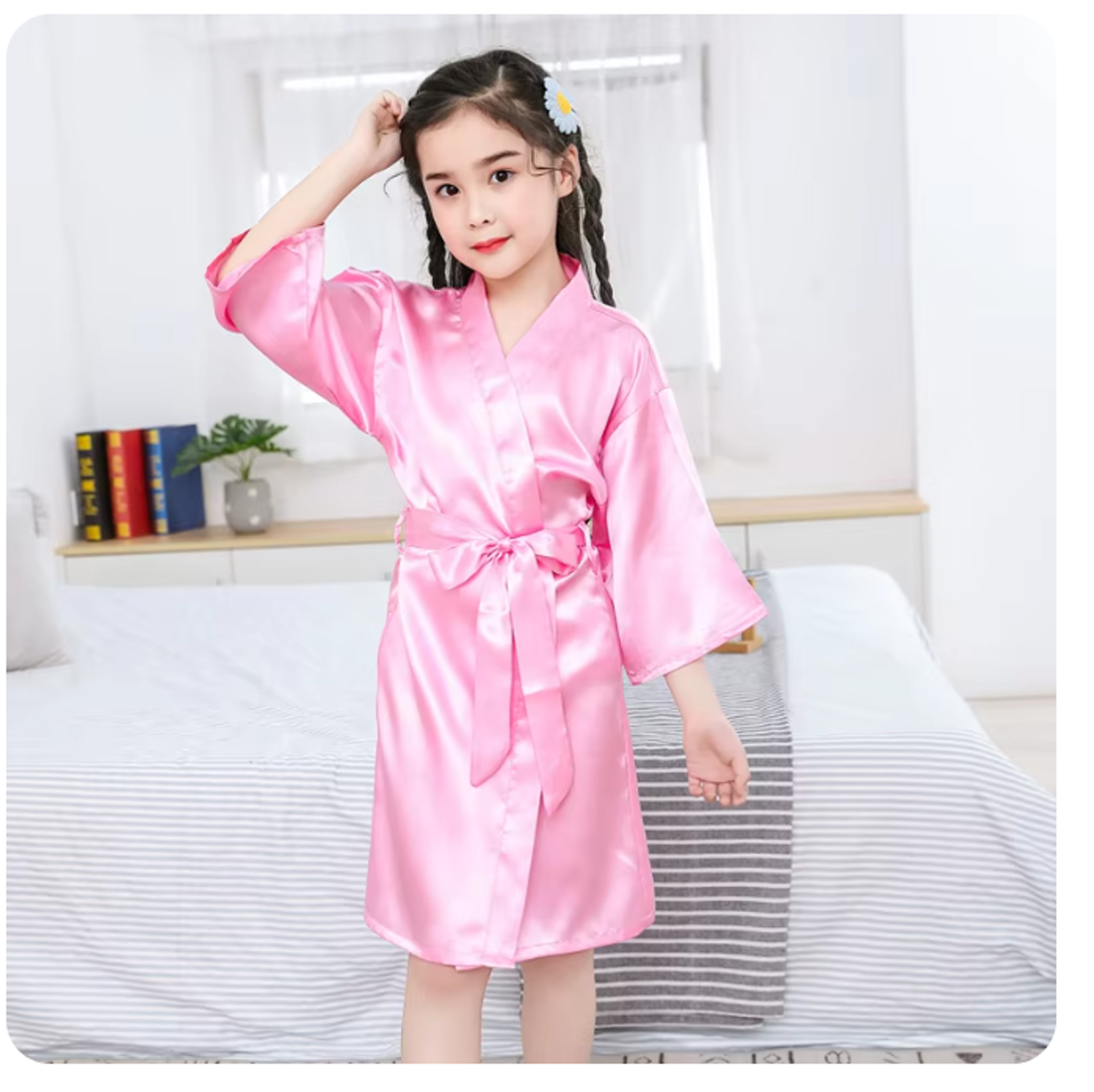 Satin Silk Pink Bathrobes For Girls Nightwear Kimono Summer Girl Sleepwear Children Wedding Spa Par 0