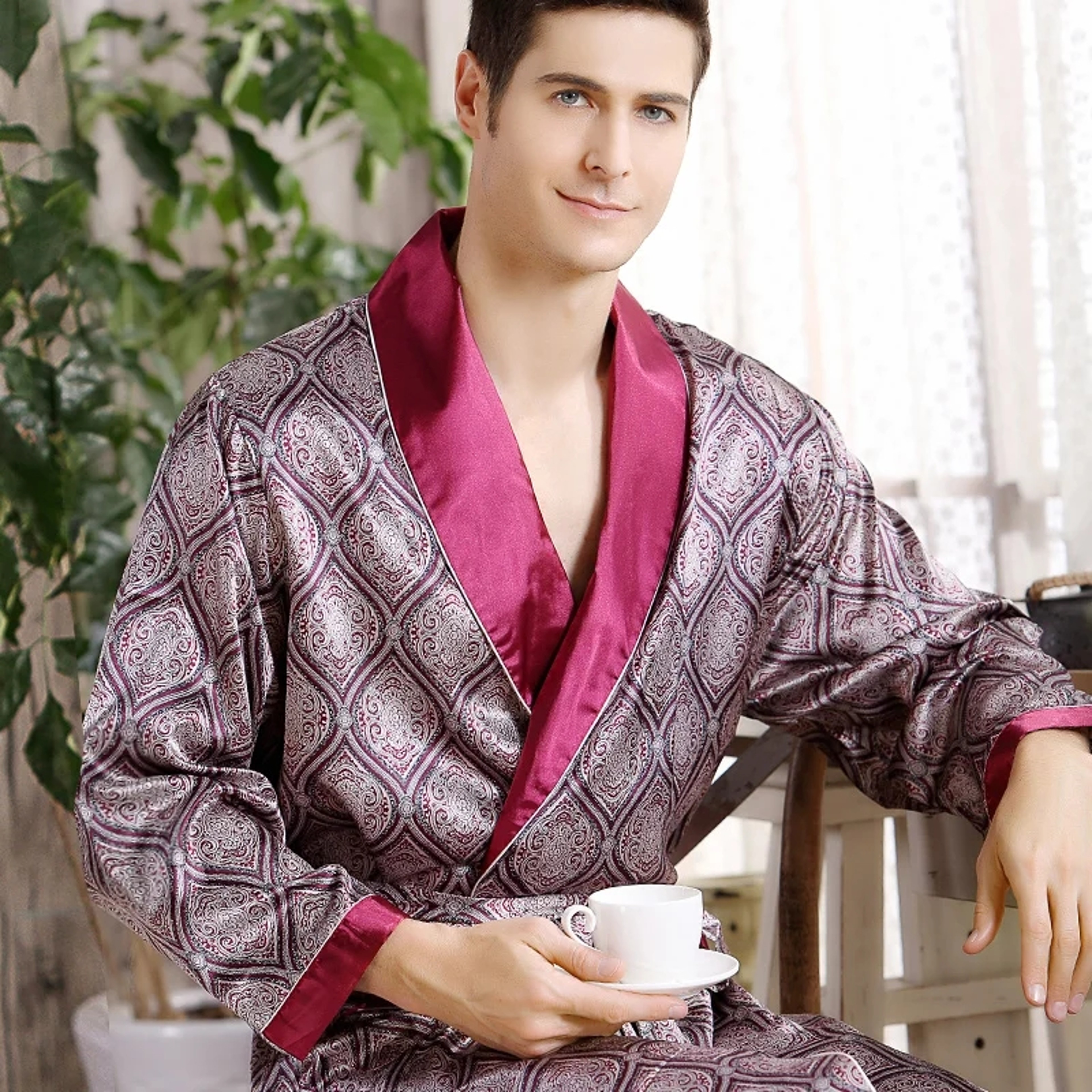 Bathrobe Silk Long Dressing Gown Men Bath Robe Satin Print Gold Geometric Lounge Nightgown Plus Siz 1
