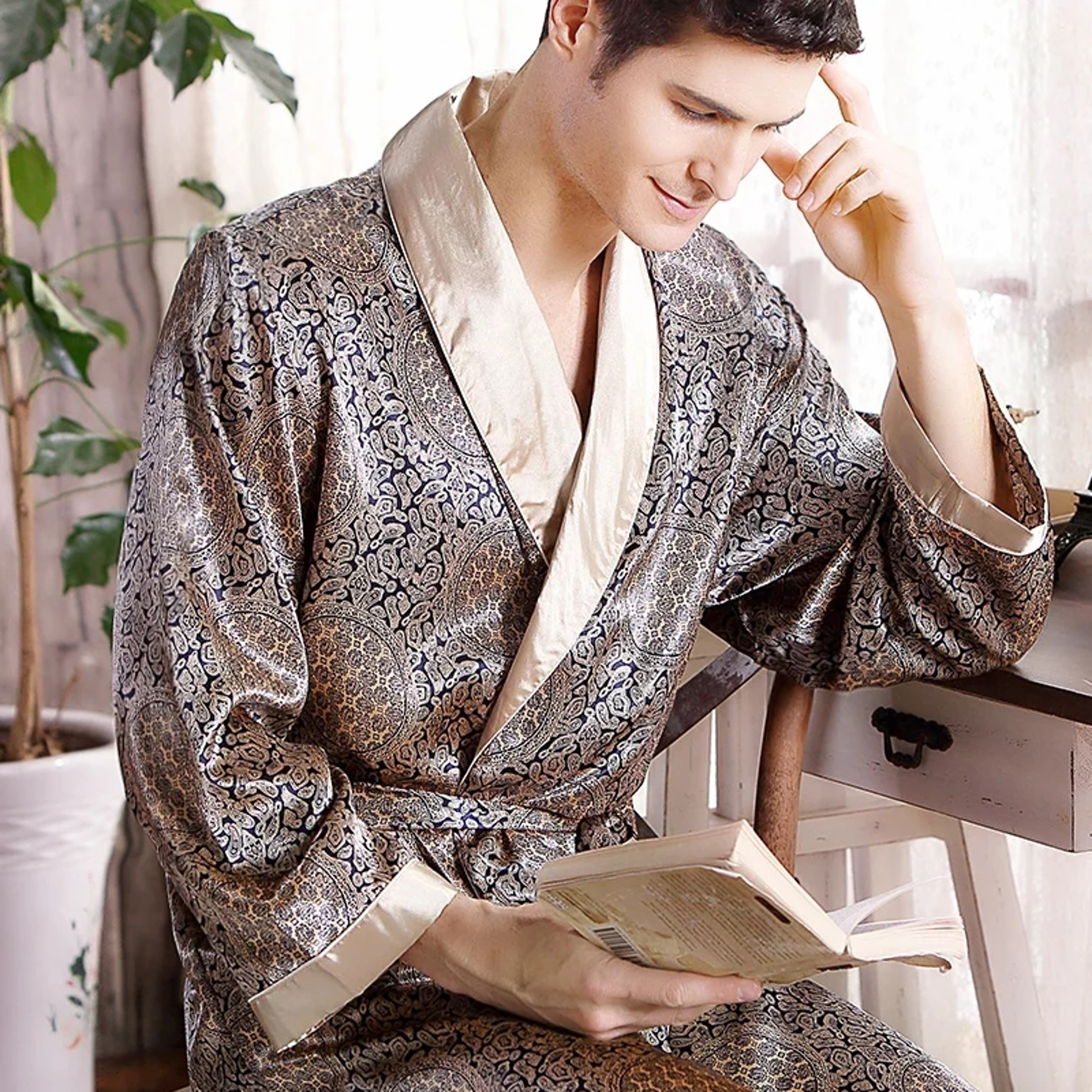 Bathrobe Silk Long Dressing Gown Men Bath Robe Satin Print Gold Geometric Lounge Nightgown Plus Siz 4