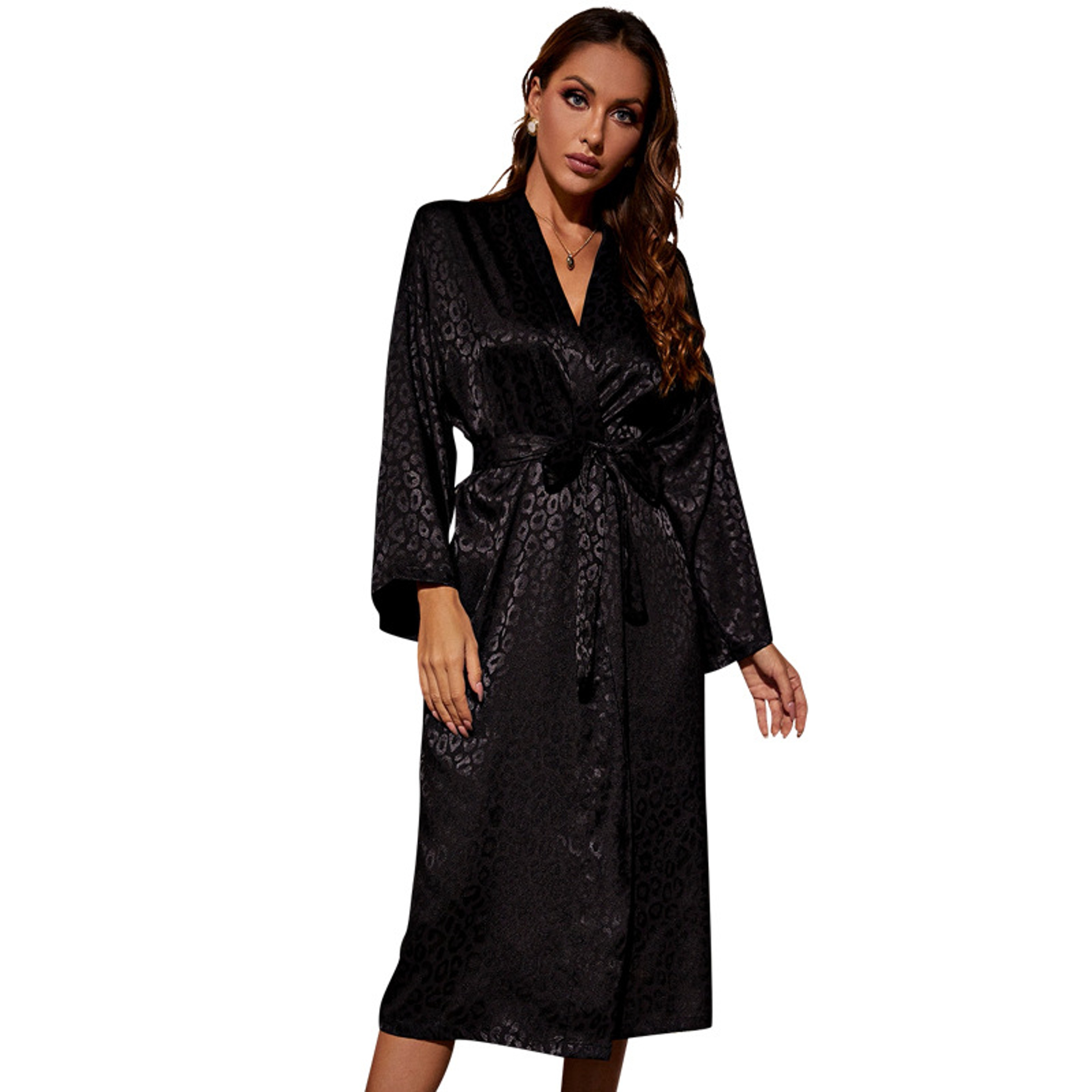 Leopard Kimono Bathrobe Women Robe With Belt Sexy VNeck Nightgown Loose Silk Satin Sleepwear Black  5