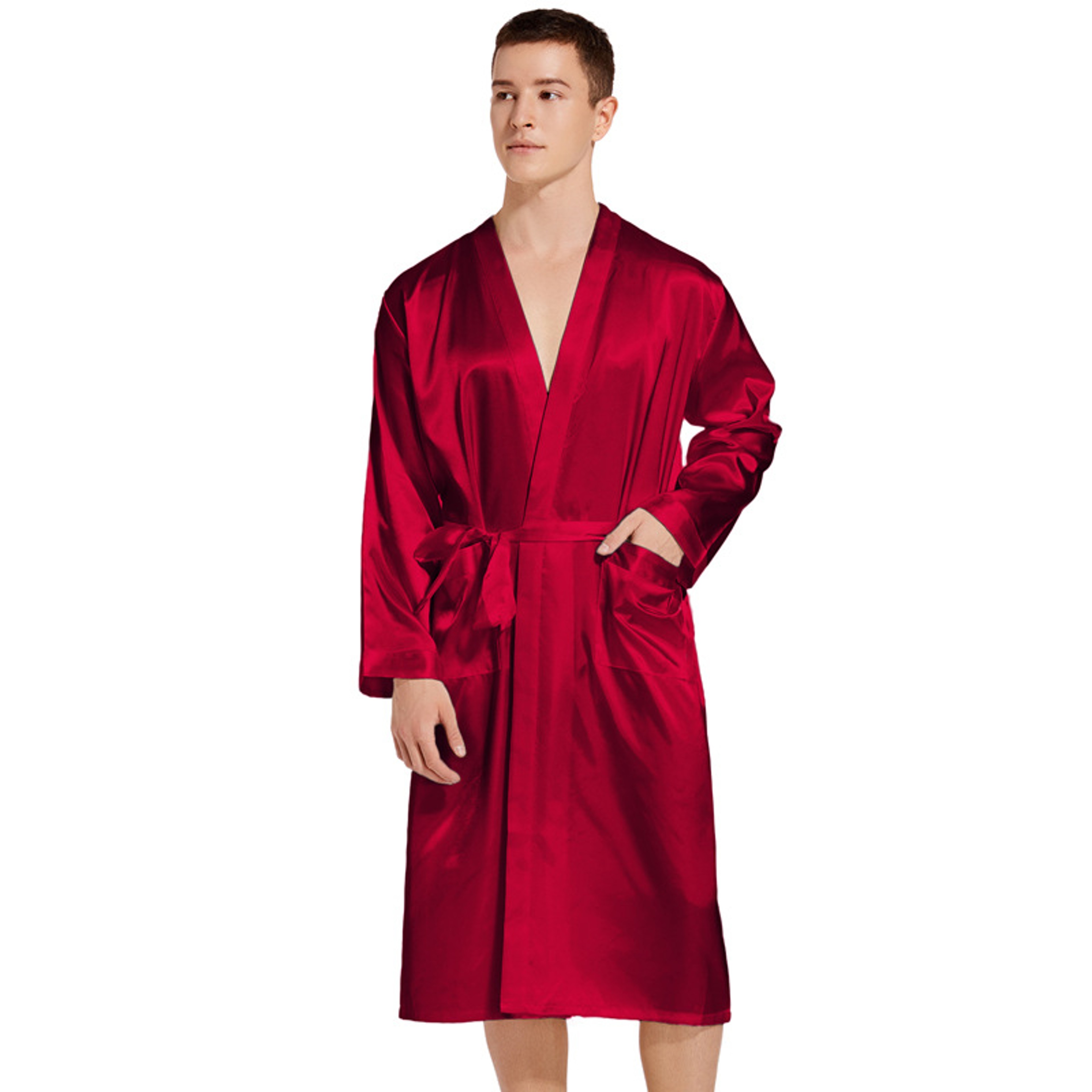 Navy Blue Silk Satin Kimono Gown Men Long Bathrobe Sleepwear Wedding Robe Loungewear For Bridegroom 0