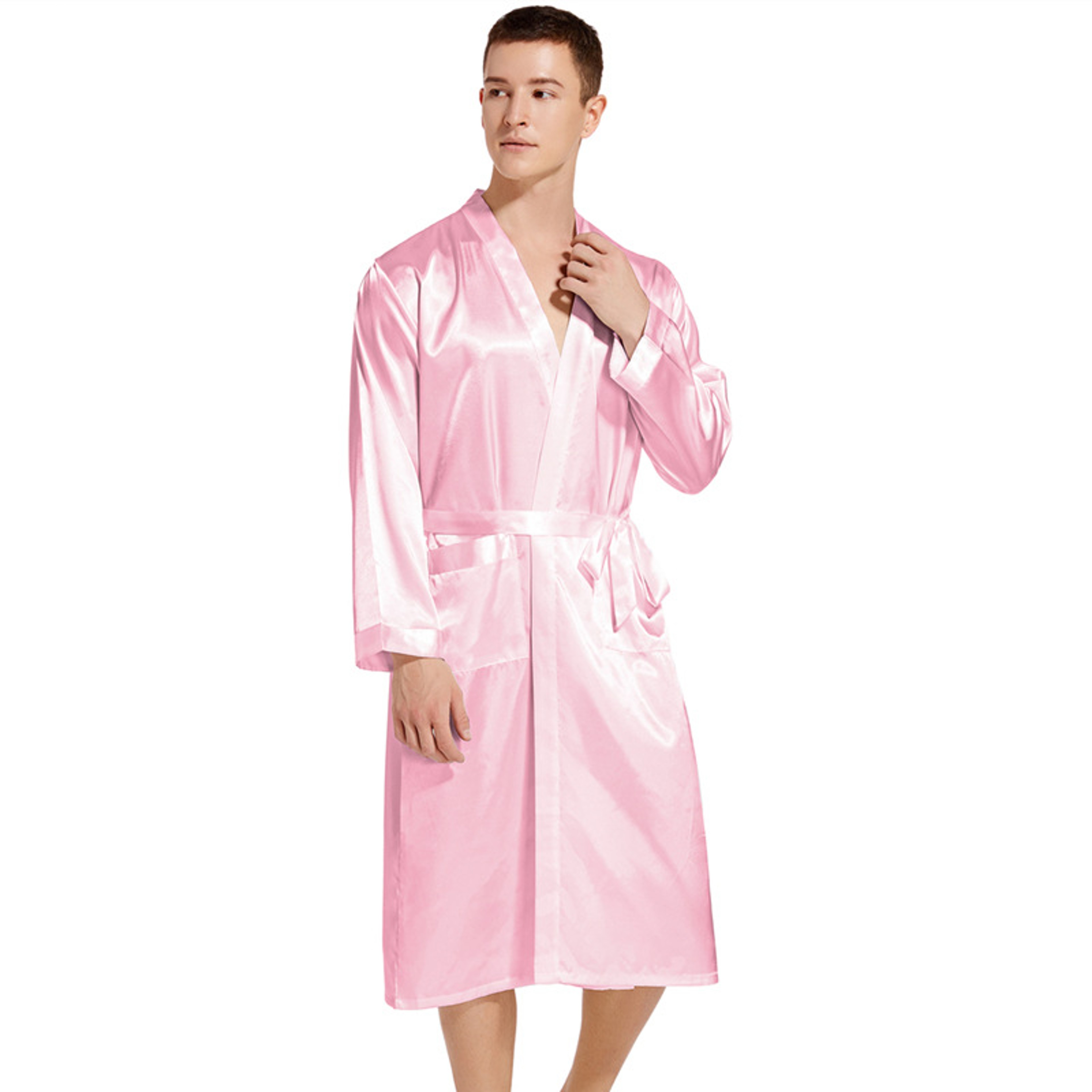 Navy Blue Silk Satin Kimono Gown Men Long Bathrobe Sleepwear Wedding Robe Loungewear For Bridegroom 3