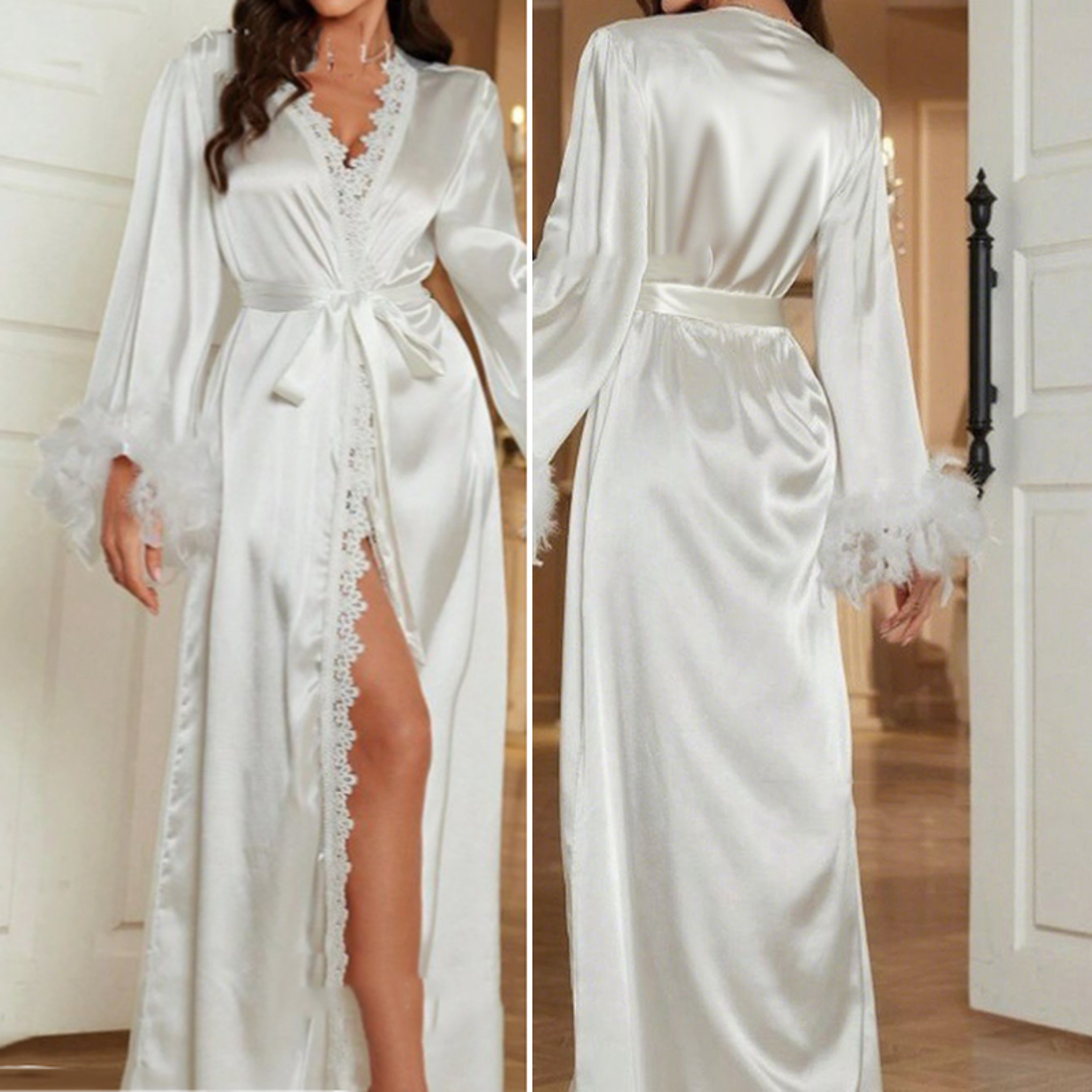 Elegant Ice Silk Long Bathrobe Luxury Bride Wedding Robe With Feather Sexy Yukata Gown Loose Pajama 0