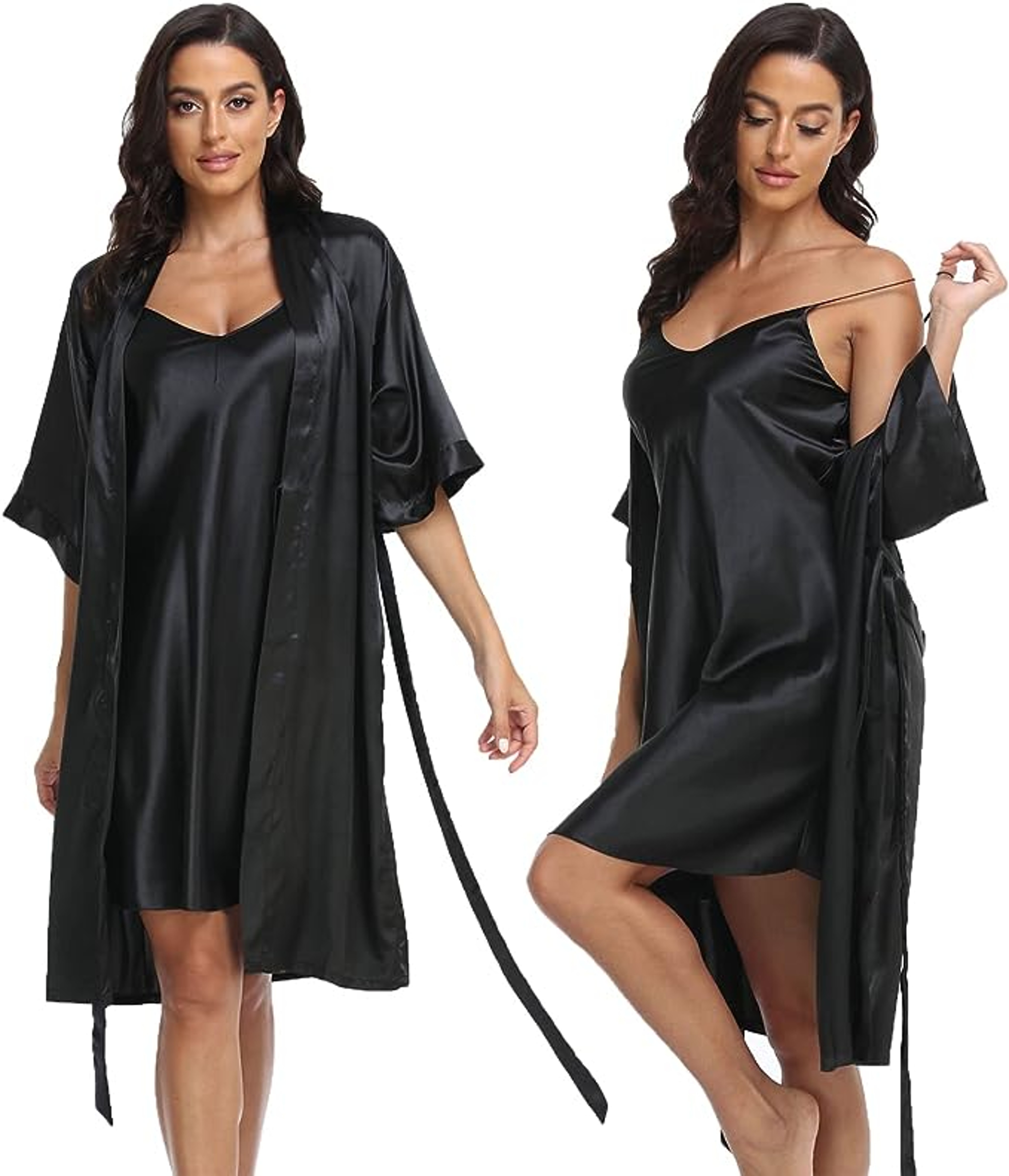 Sexy Silky Womens Silk Satin Pajamas PJ Robe Set With Chemise Nightgown Elegant Sleepwear 0