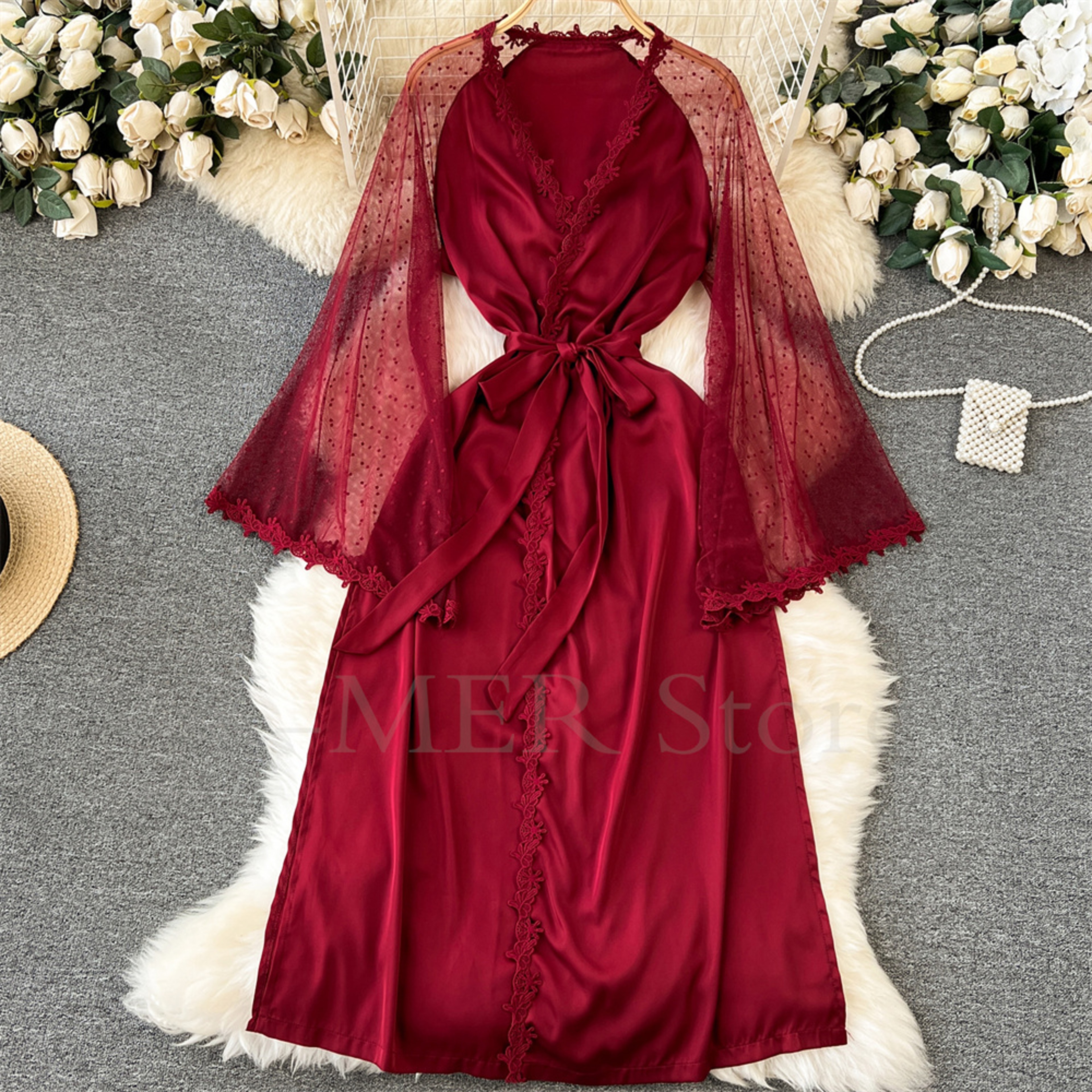 Sexy Embroider Edge Kimono Bathrobe Dress Wedding Long Robe With Mesh Sleeves Silk Satin Sleepwear  3