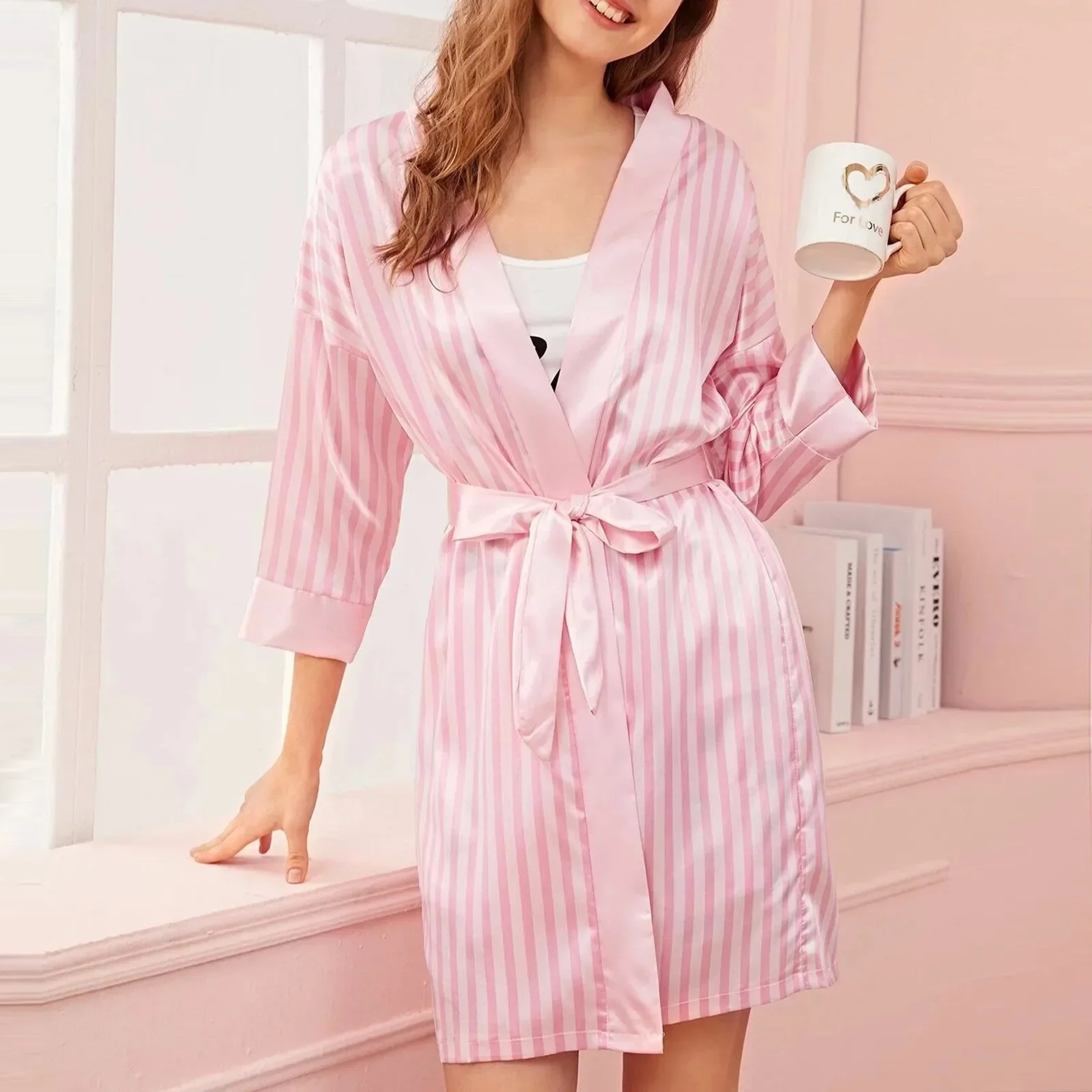 Women Nightdress Underwear Satin Silk Sleepwear Robes Striped Sexy Lingerie Pajamas LongSleeve Casu 0
