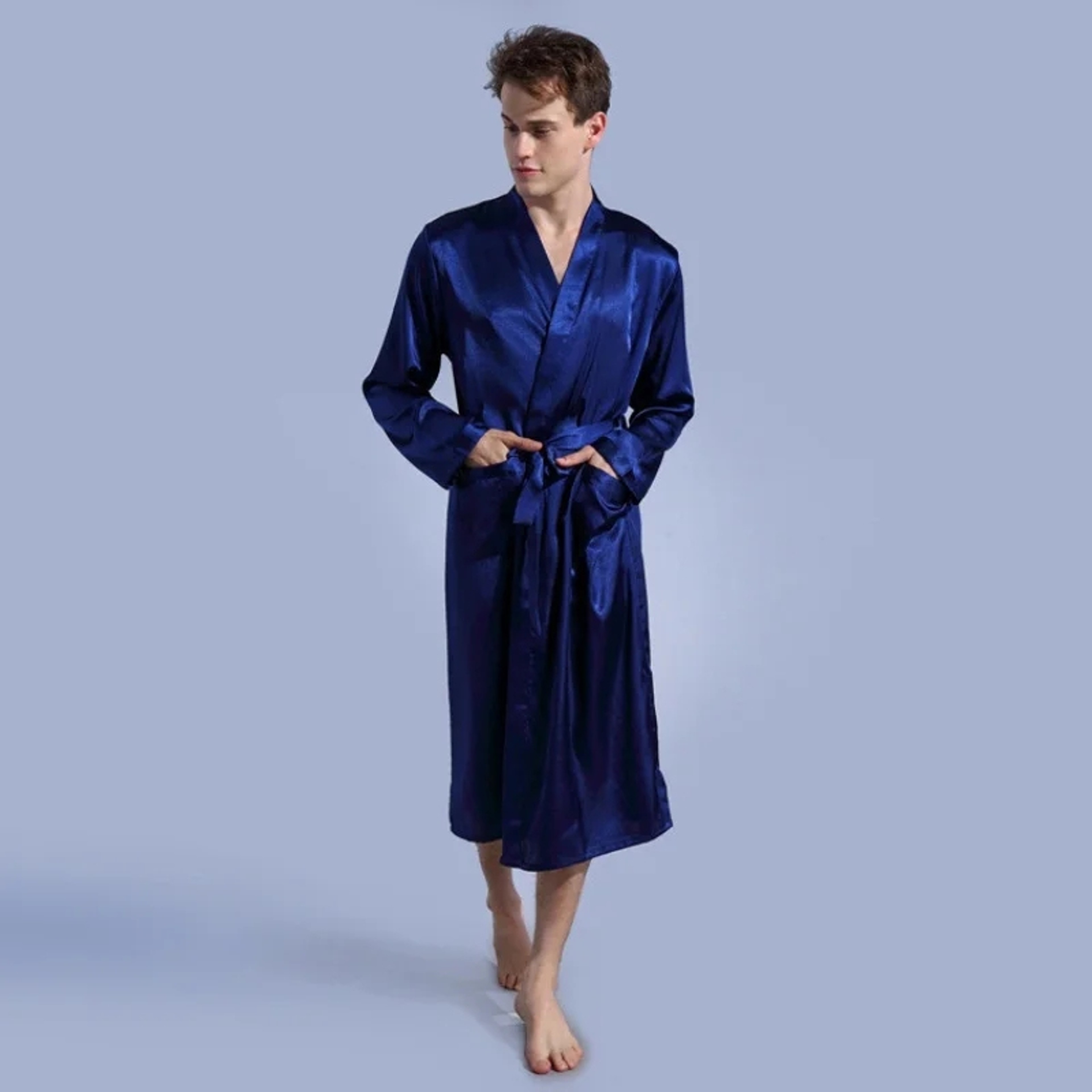 Christmas Robes For Men Men V Neck Satin Robe Wedding Party Kimono Pajamas Long Bathrobe Loungewear 2