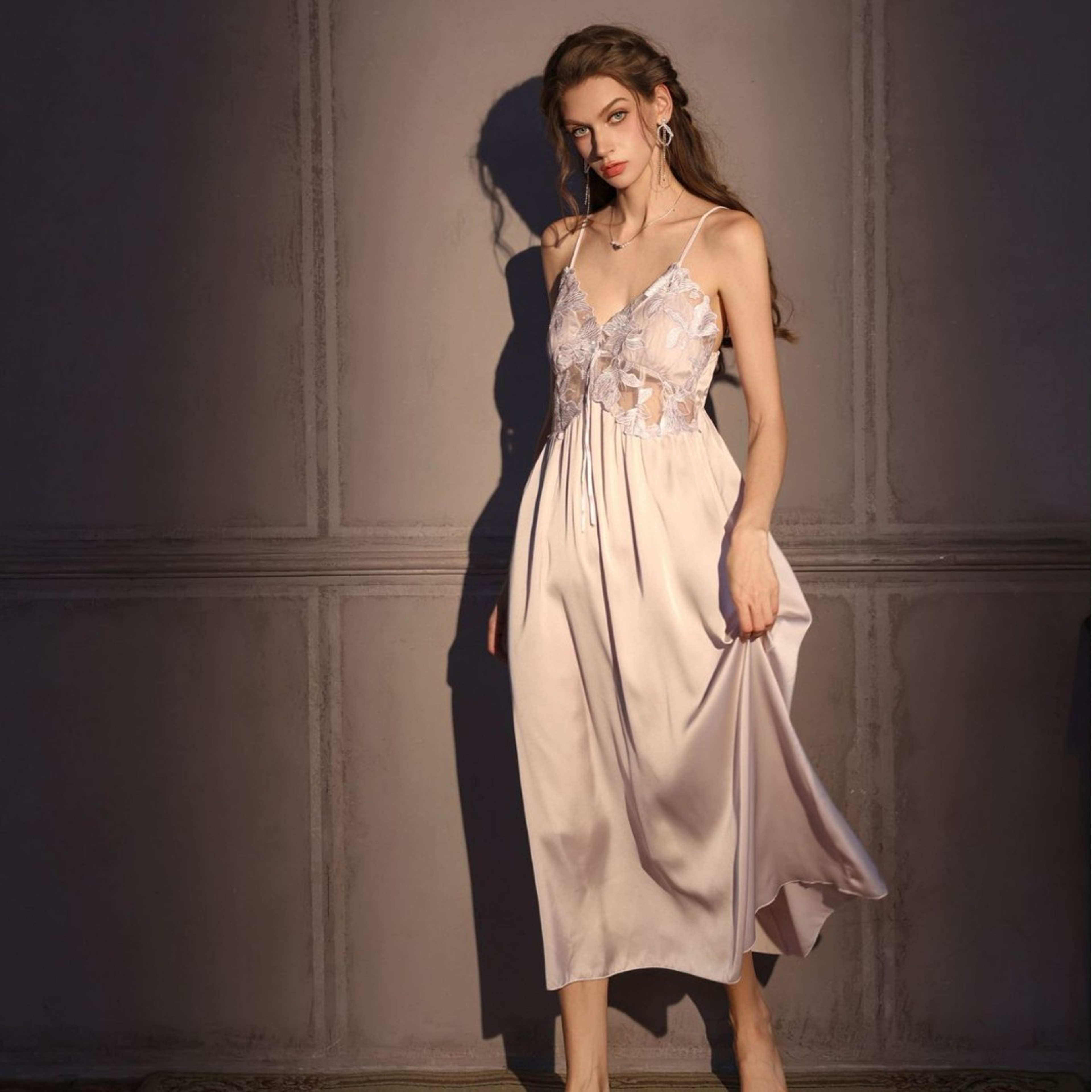 Silky Ice Silk Nightgown Set Elegant Female Long Robe SEXY Hollow Out Lace Lingerie Sleepwear Homew 4