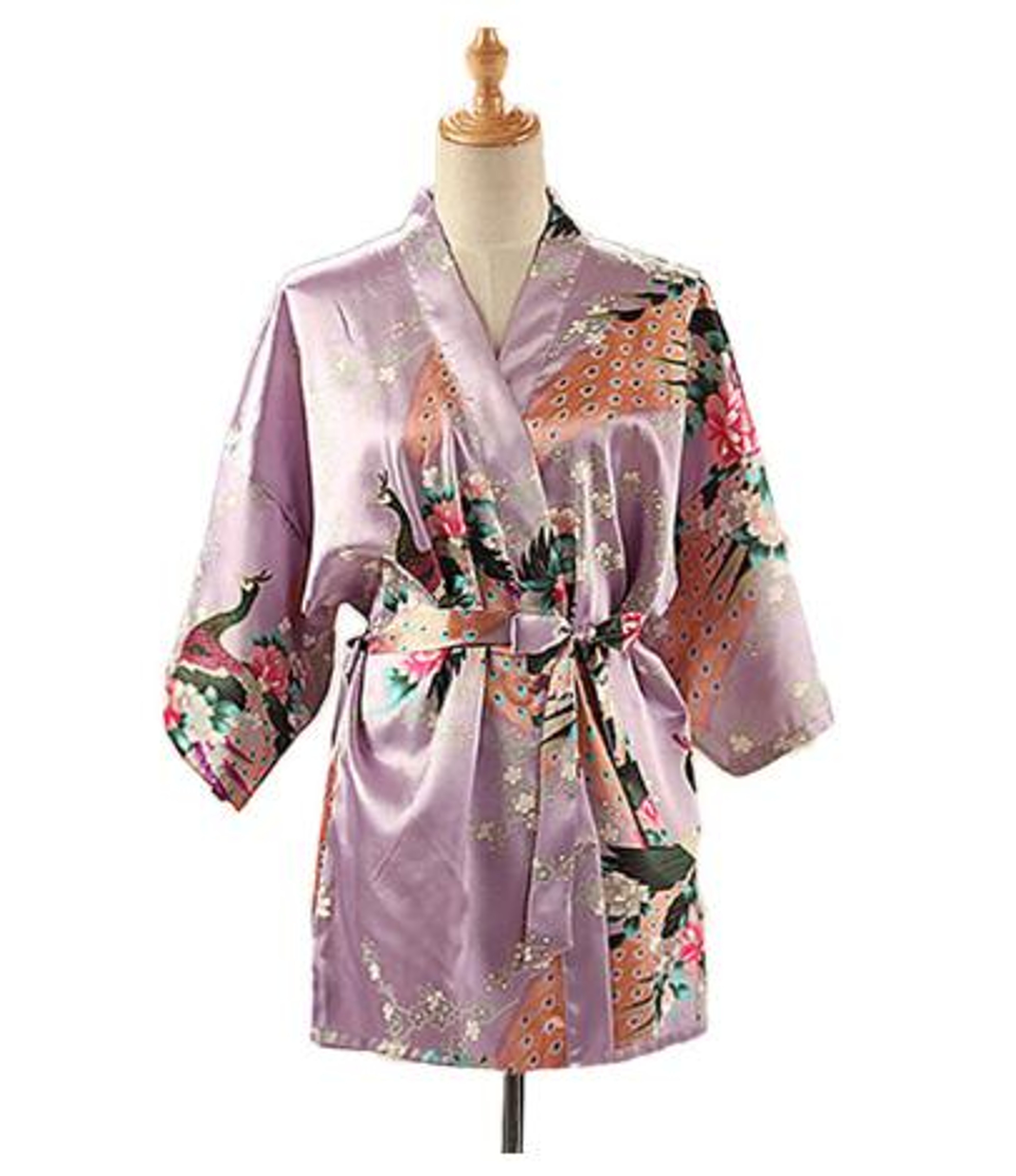 Silk Satin Lace Up Kimono Yukata Peacock Print Short Sleepwear Nightgown Robe Costume For Women 4