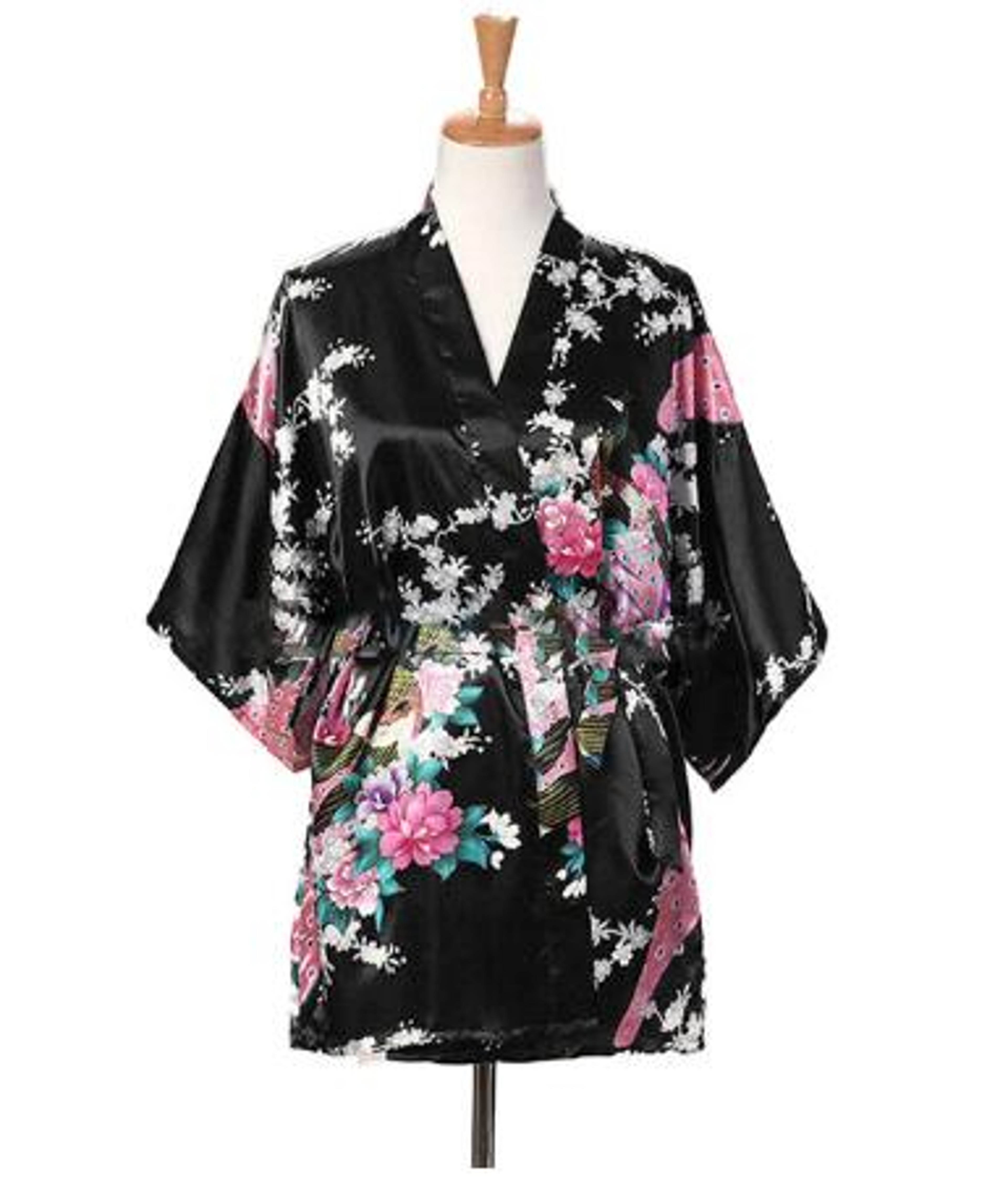 Silk Satin Lace Up Kimono Yukata Peacock Print Short Sleepwear Nightgown Robe Costume For Women 5