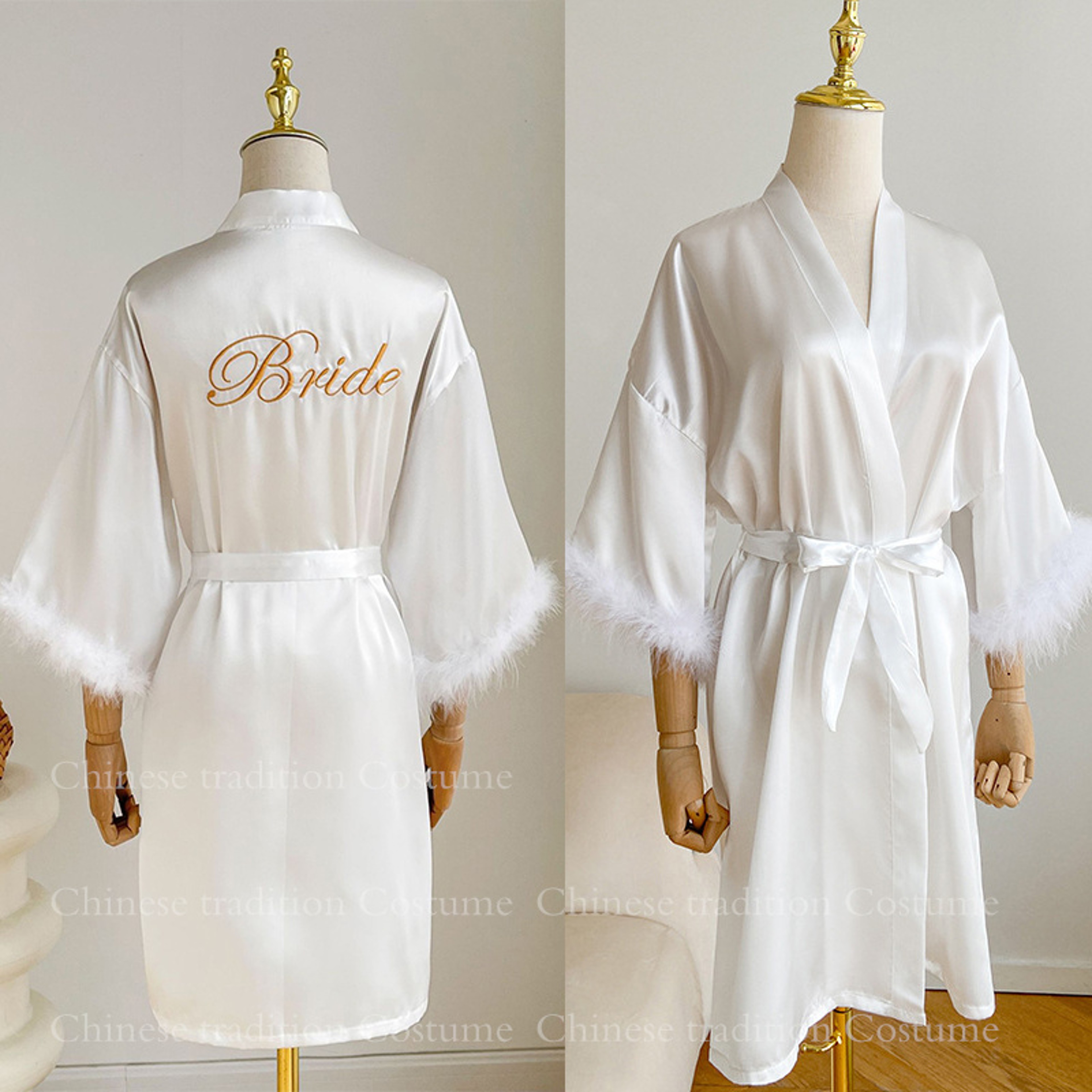 White Bride Wedding Robe With Feathers Satin Peignoir Gowns Sexy Bridesmids Kimono Short Bridal Bat 3