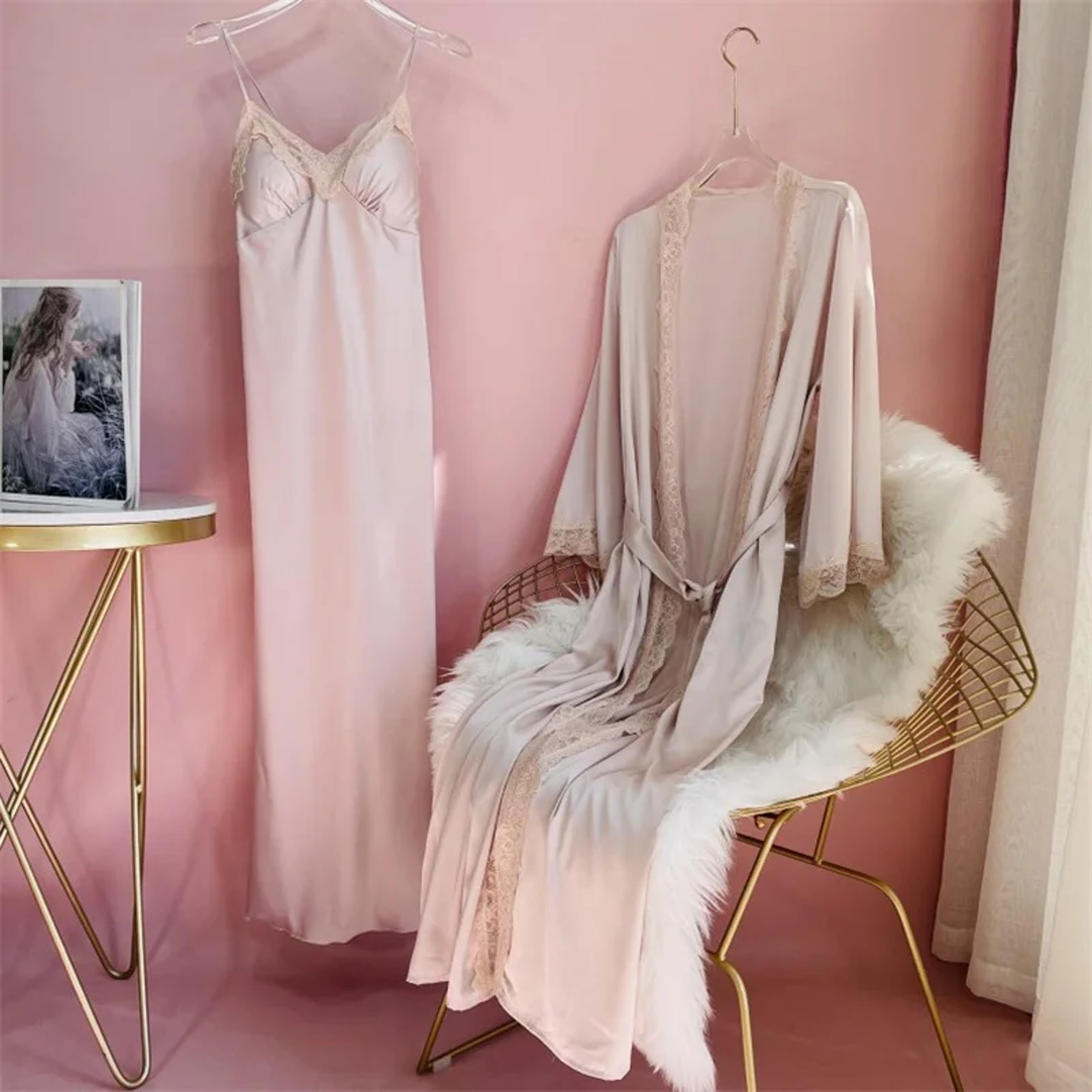 Sexy Lace Trim Sleepwear New Female Long Robe Nightgown Set Suspender Nightdress Spring Summer Sati 3