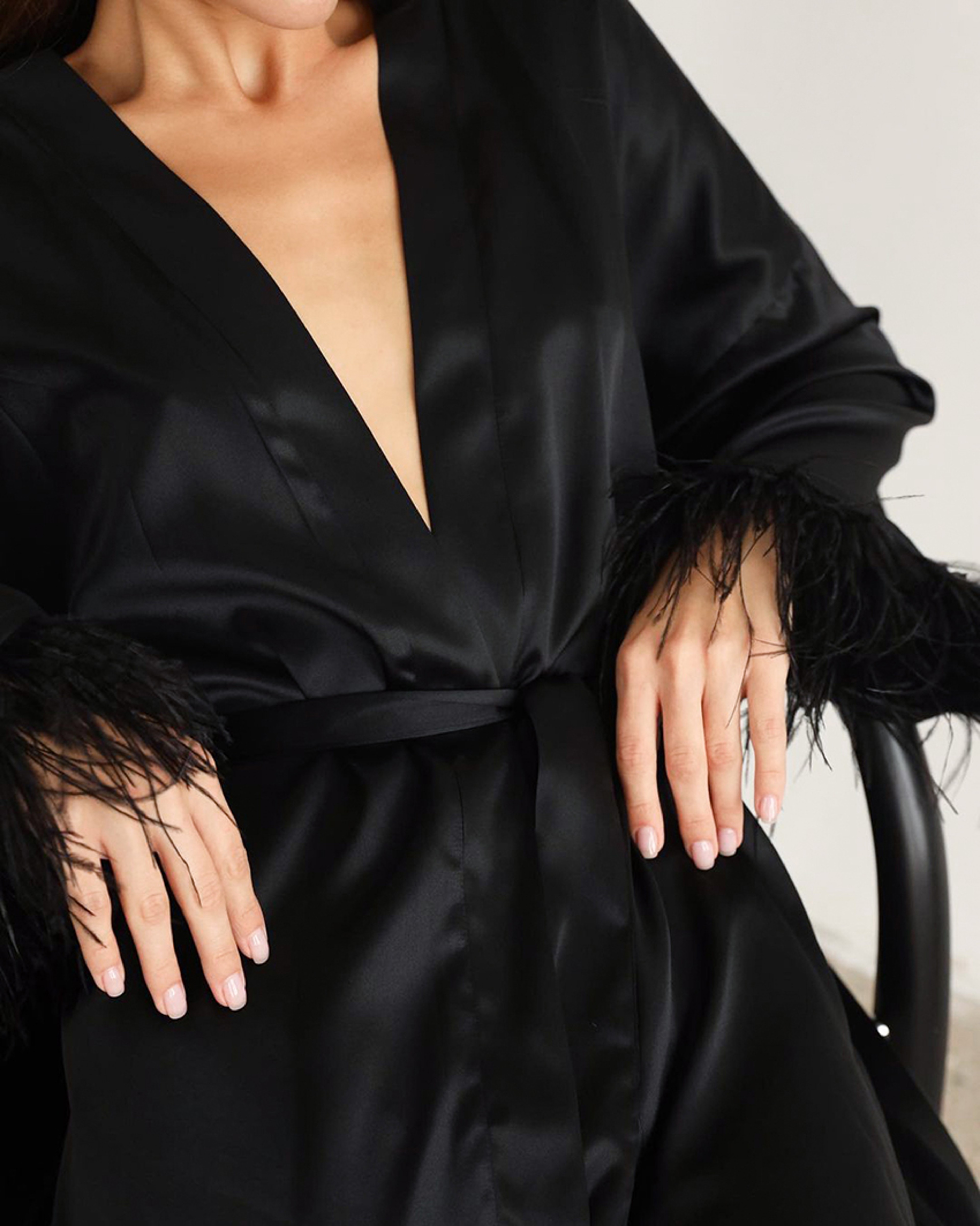 Satin Feather Bathrobes Sexy Mini Dress With Long Sleeves Loose Peignoirs For Women White Wedding D 0