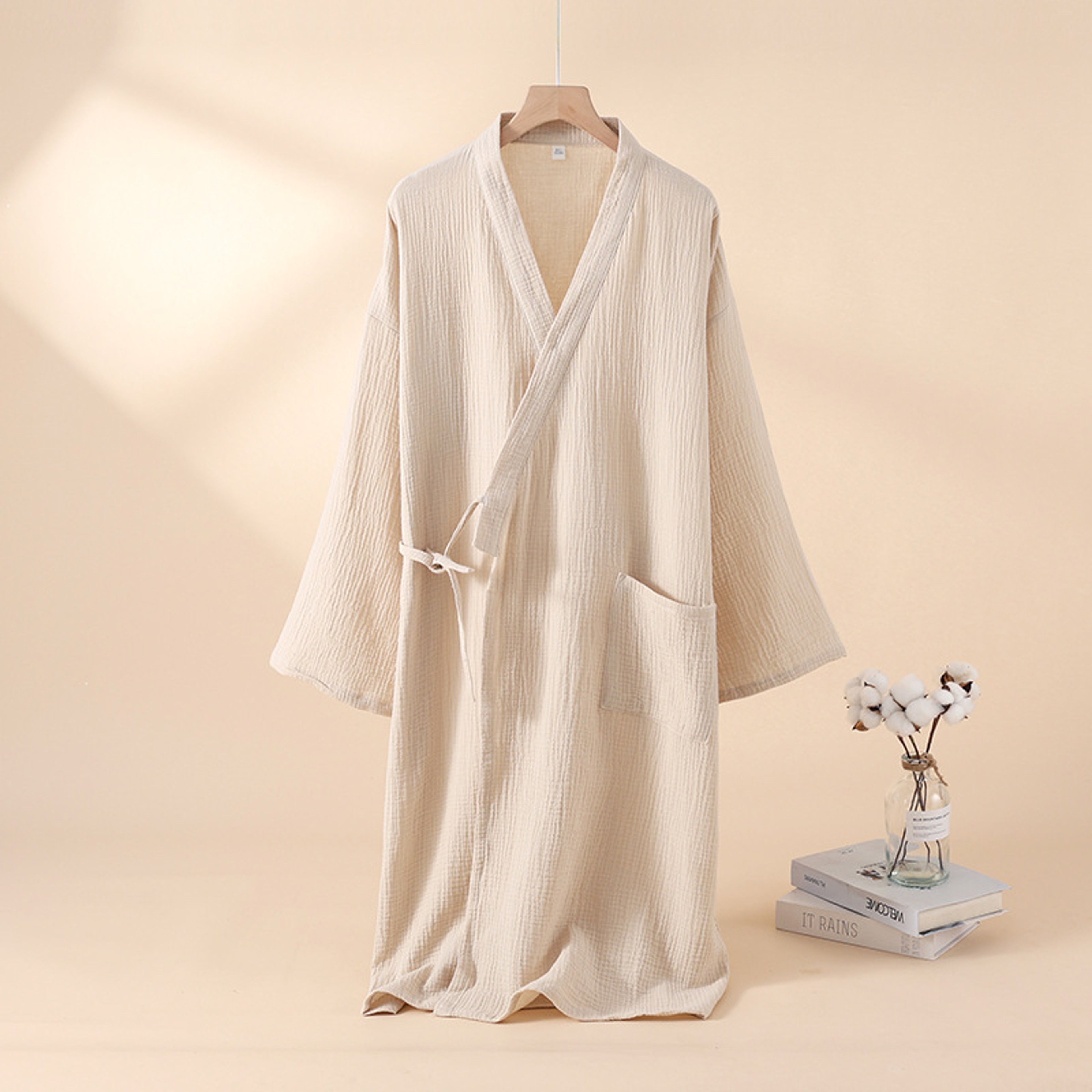 Mens And Womens Kimono Robes Sleepwear Cotton Yarn Bathrobe Tied Cardigan Thin Home Clothes Couple  7