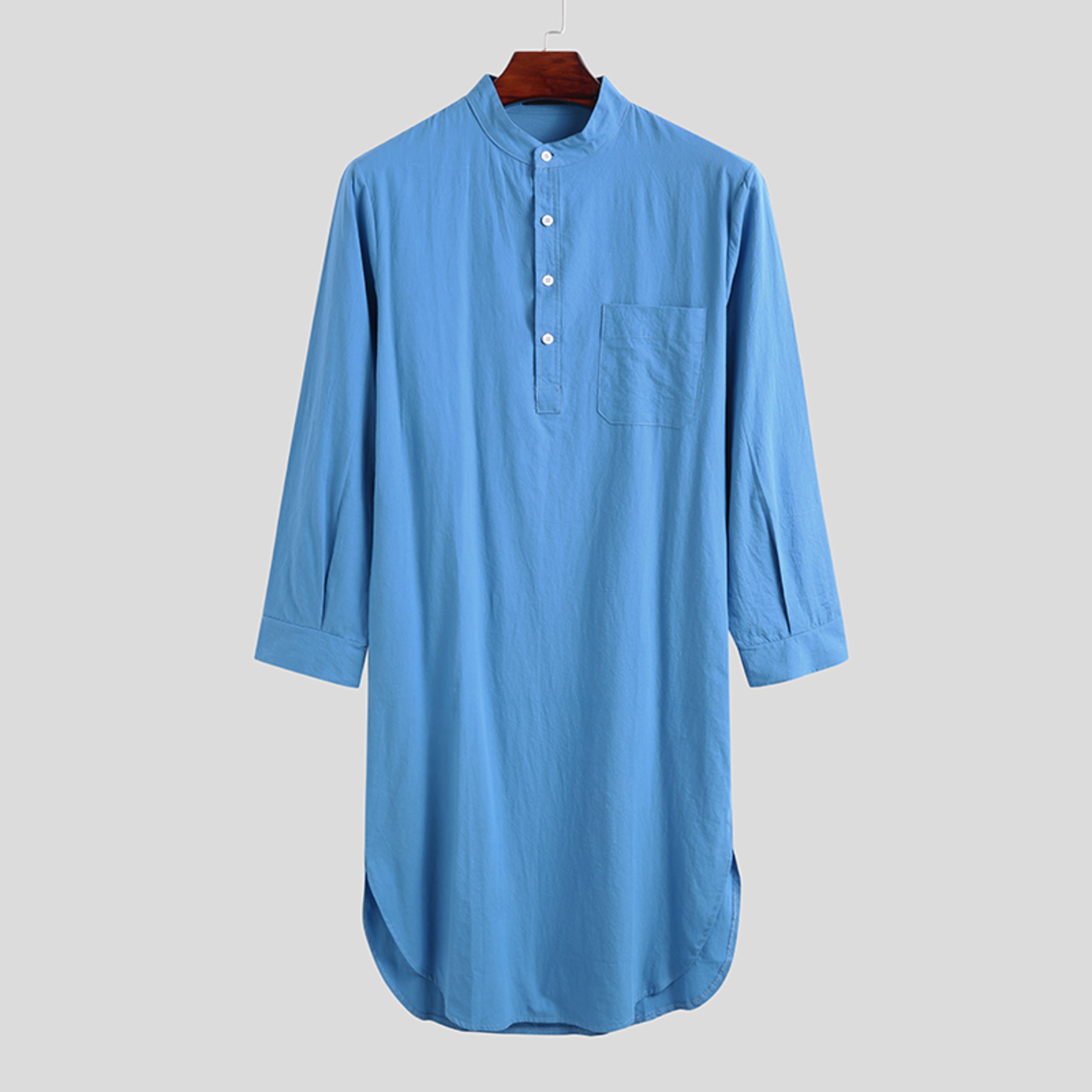 Fashionable Mens Buttondown Sleep Robes Solid Color Stand Collar Long Sleeve Nightgown Comfortable  6