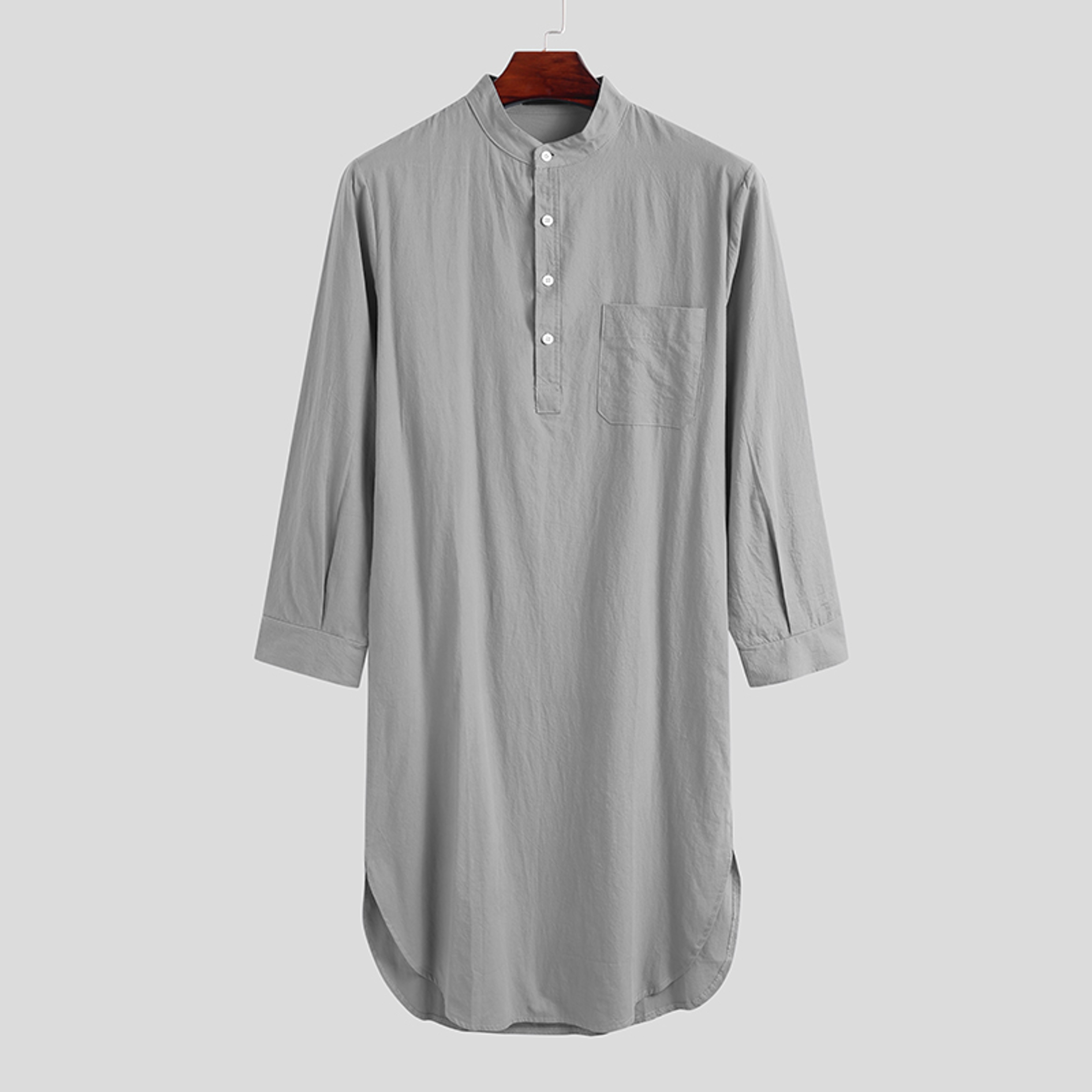Fashionable Mens Buttondown Sleep Robes Solid Color Stand Collar Long Sleeve Nightgown Comfortable  10