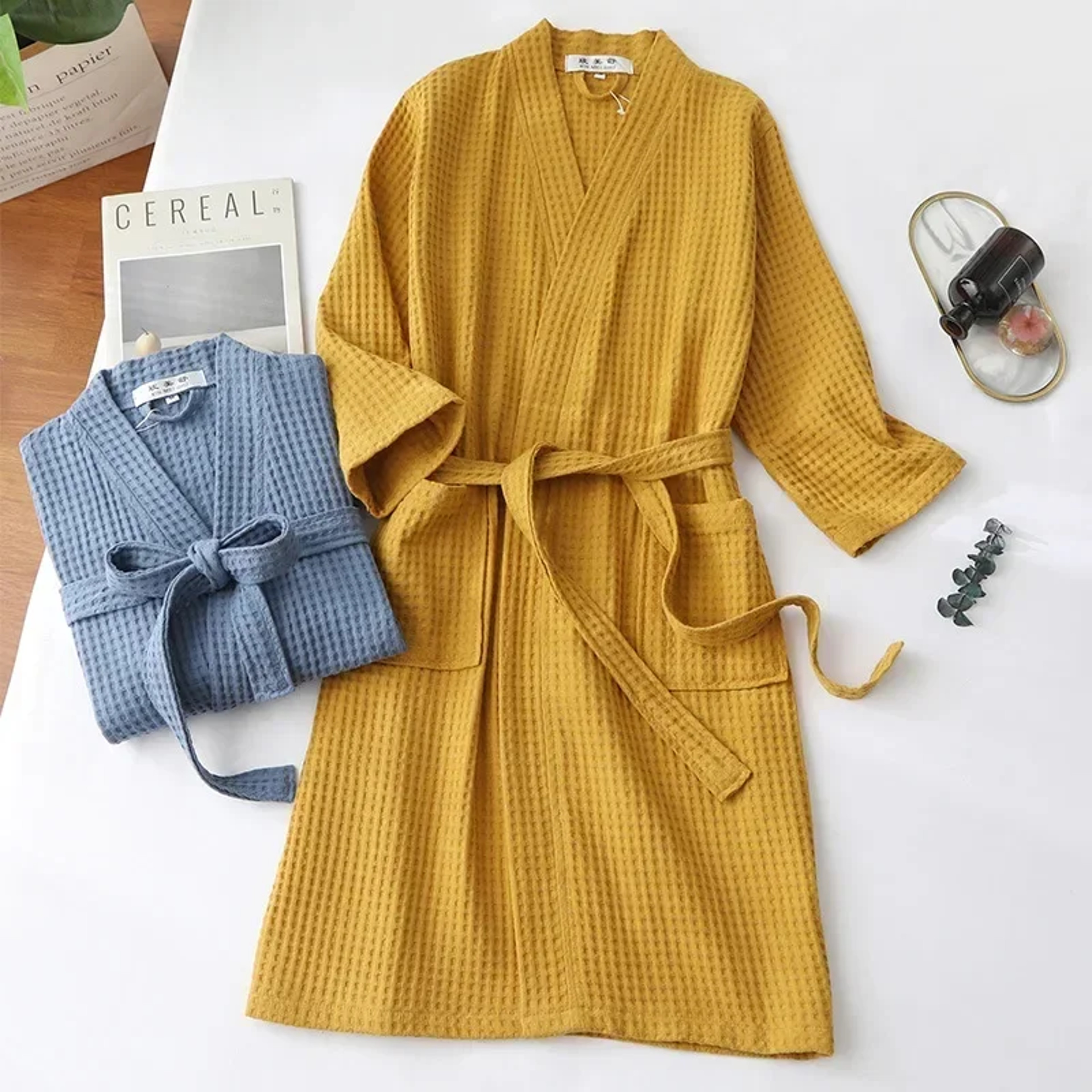 Thin Morning Robe Cotton Terry Robe For Spring And Summer Long Sleeve Waffle Bathrobe Hotel Beauty  2