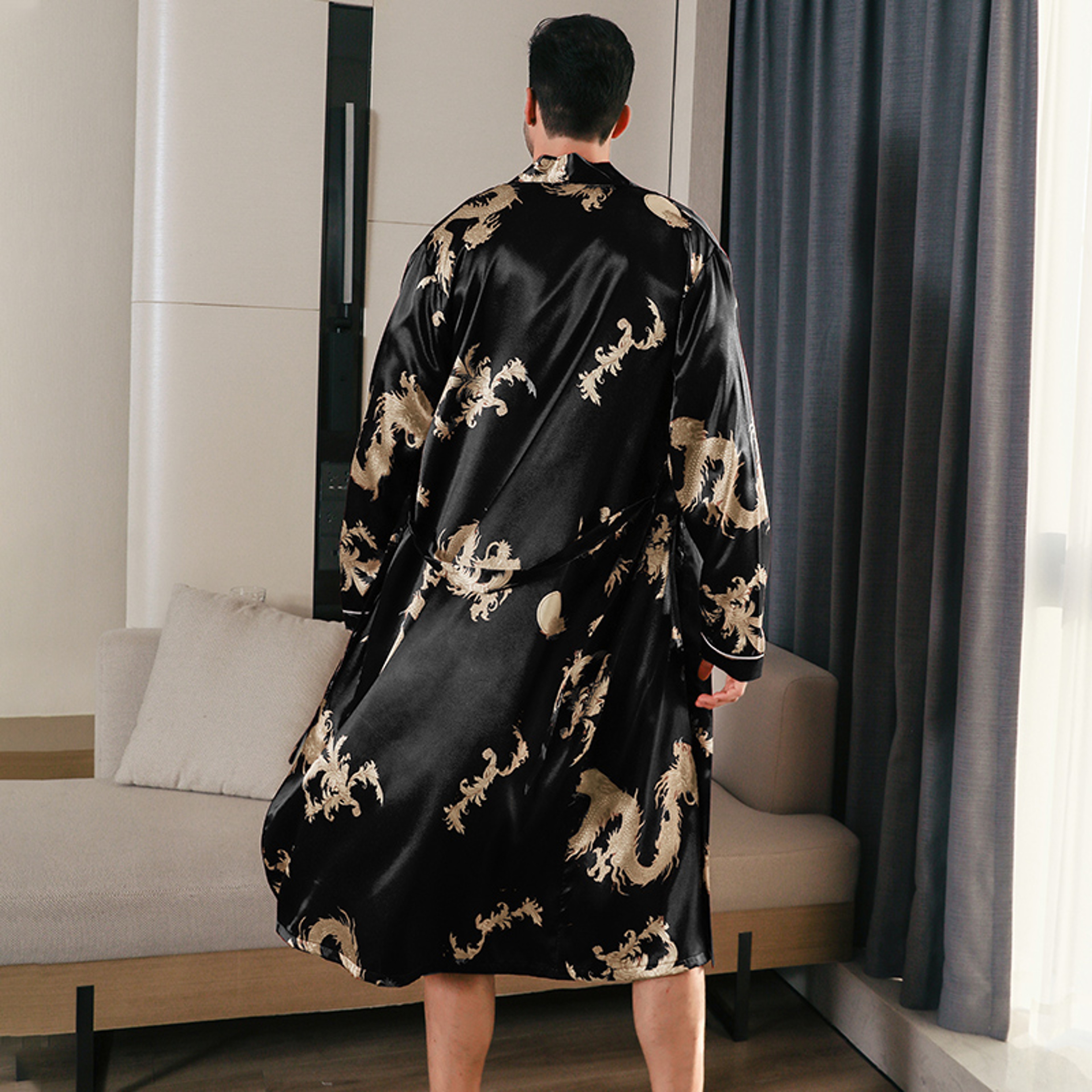 Oversized Men Pajamas Spring And Autumn Silk Bathrobes Long Sleeved Ice Silk Pajama Summer Home Clo 1