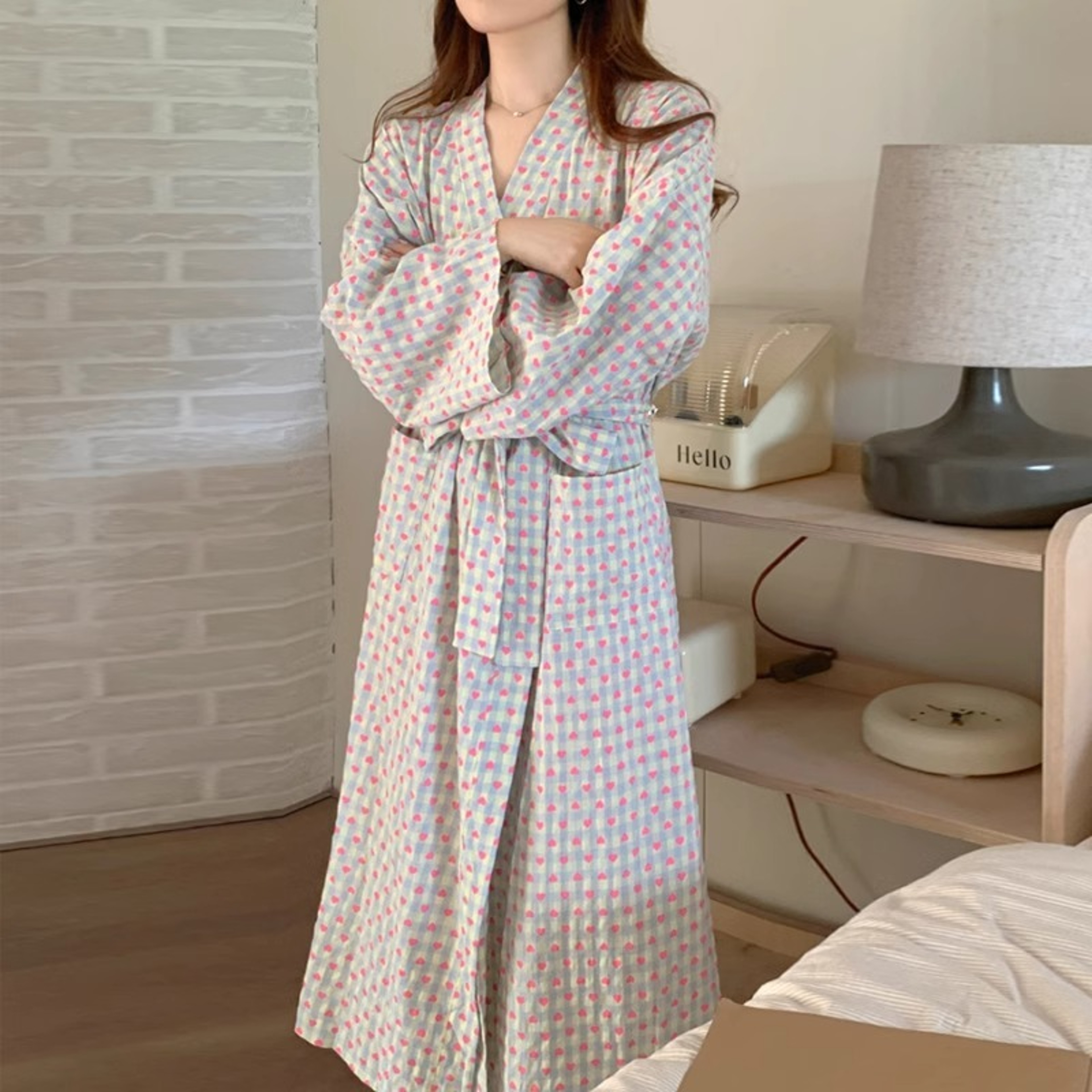 Sexy Plaid Bathrobe for Women, Long Sleeve V-neck, Lace-Up Nightgown with Trousers – view 1