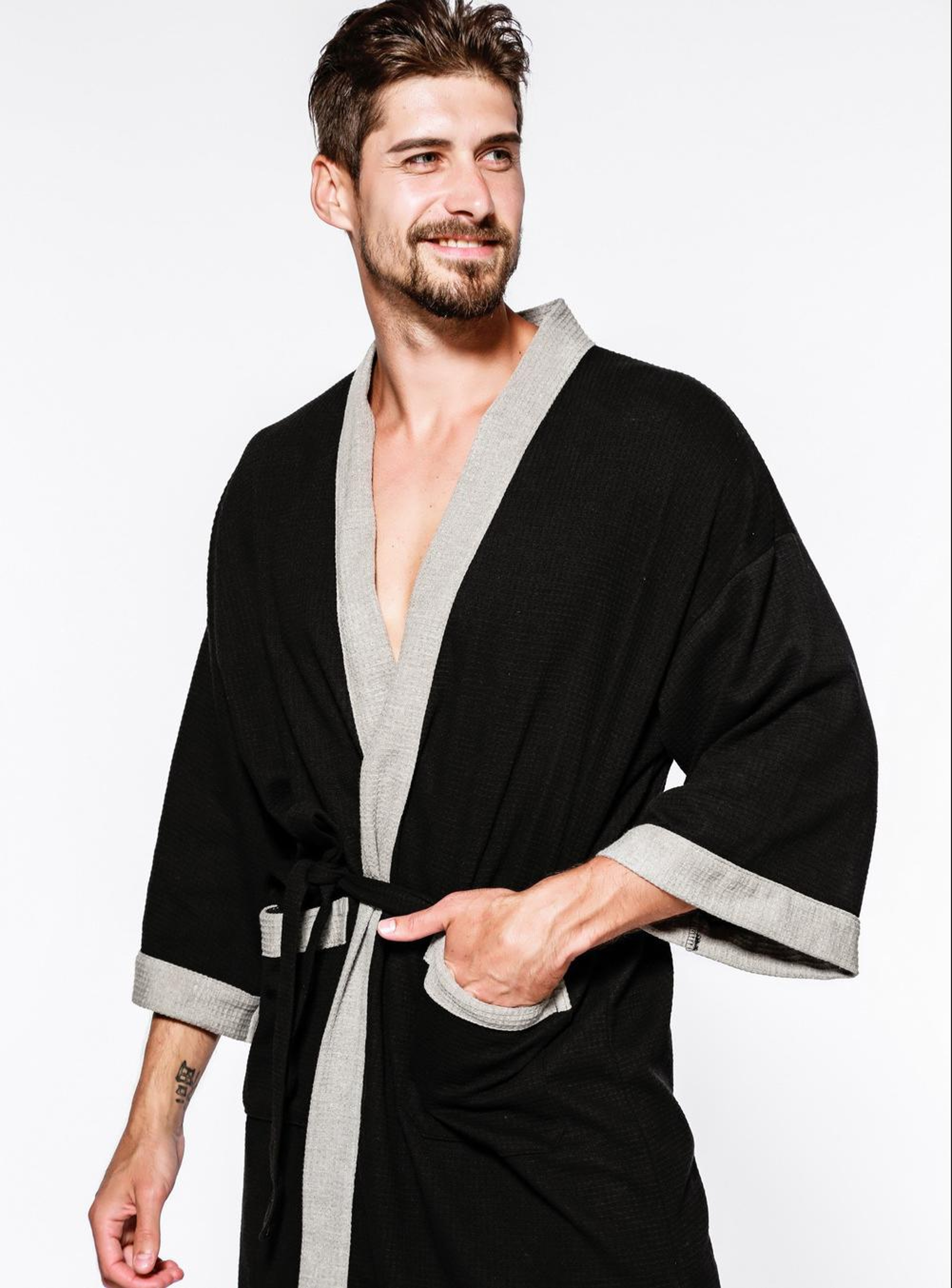Black Cotton Waffle Men Bathrobe Gown Sleepwear Loose Casual Nightwear Sauna Spring Summer Home Wea 2