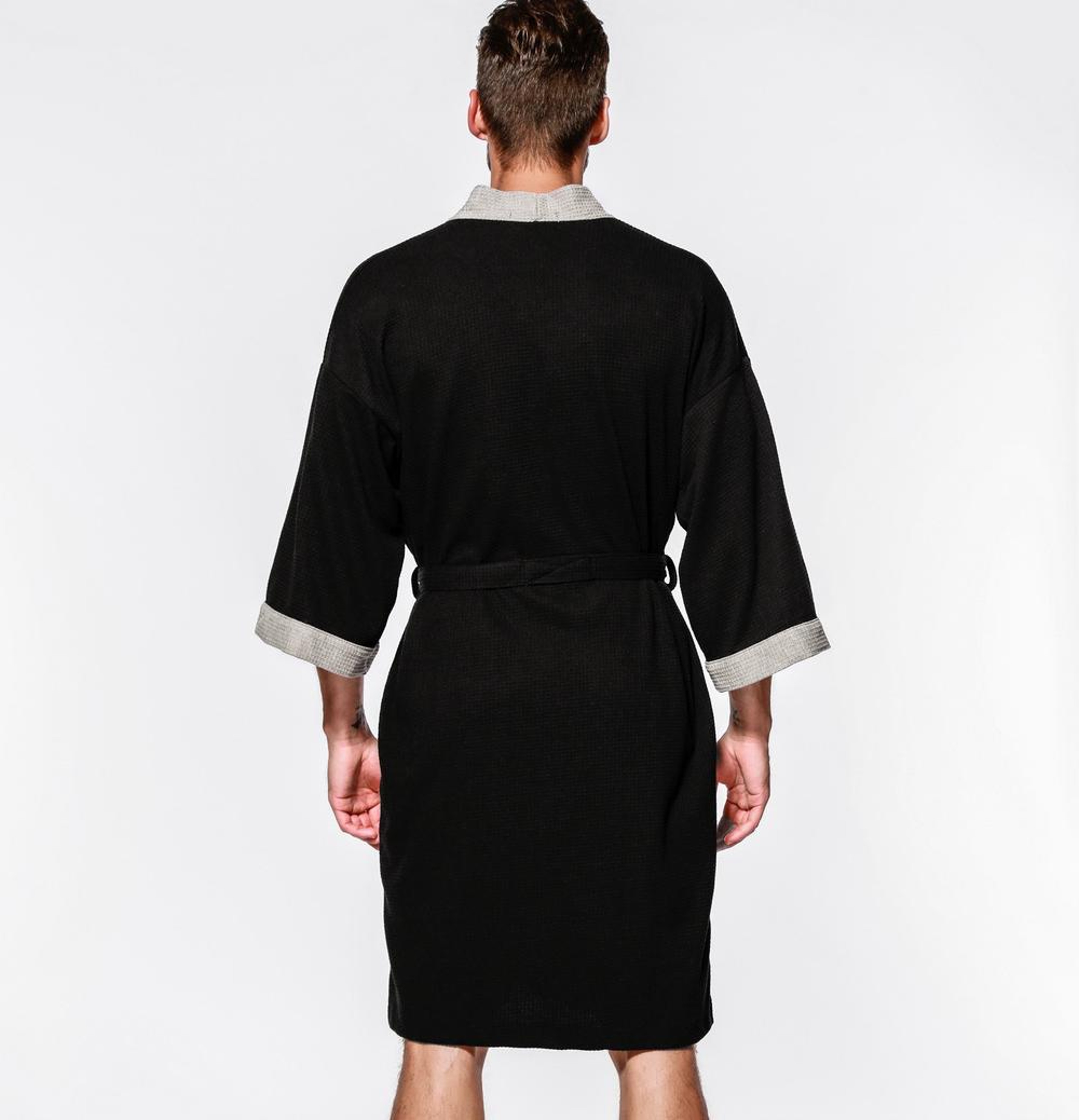 Black Cotton Waffle Men Bathrobe Gown Sleepwear Loose Casual Nightwear Sauna Spring Summer Home Wea 5