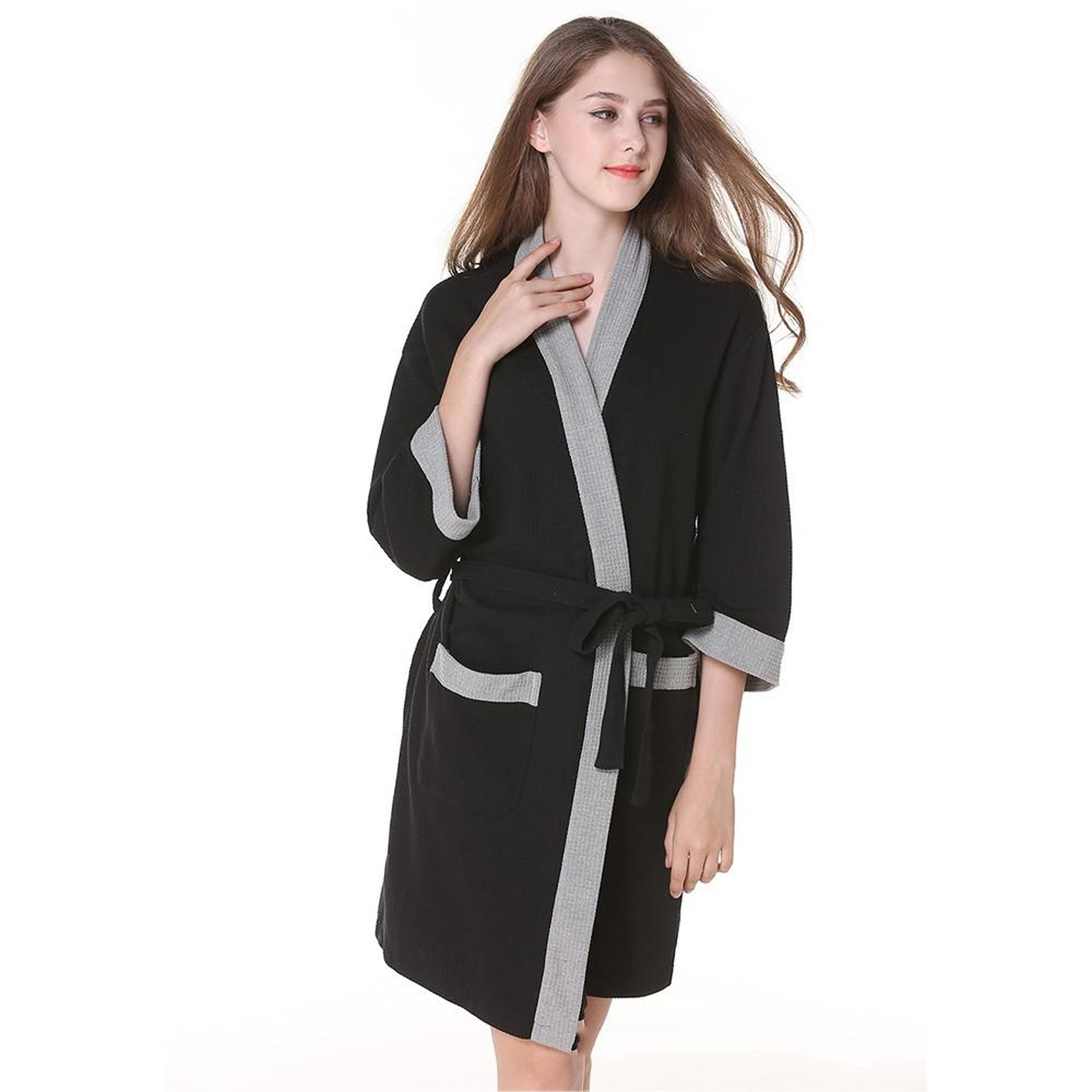 Black Cotton Waffle Men Bathrobe Gown Sleepwear Loose Casual Nightwear Sauna Spring Summer Home Wea 7