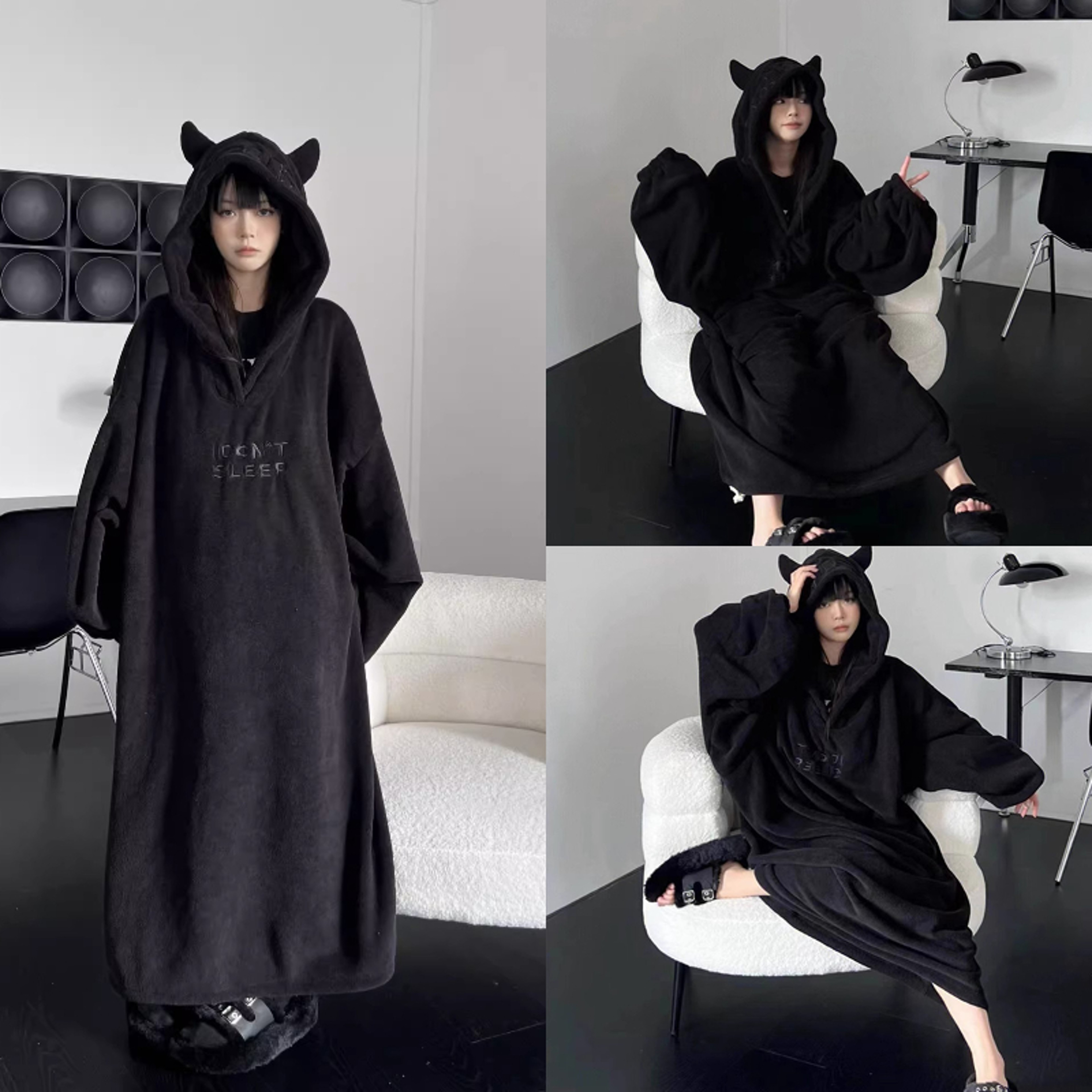 Cozy OnePiece Sleepwear Solid Color Loose Homewear Thickened Padded Pajamas Oversized Hooded Couple 0
