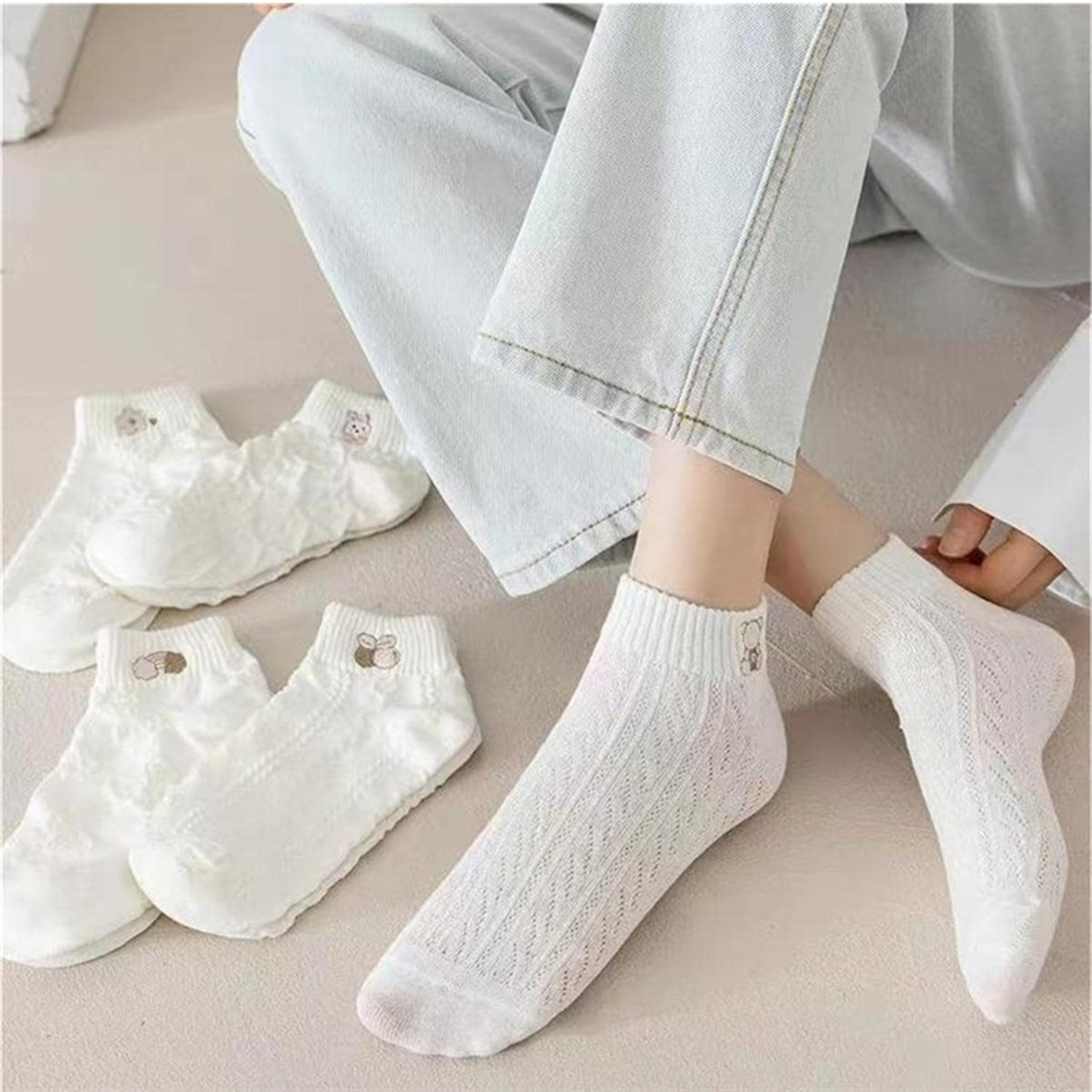 Cute Bear Rabbit Rainbow Print Women Socks Spring Summer, Casual Short Ankle Socks – view 4