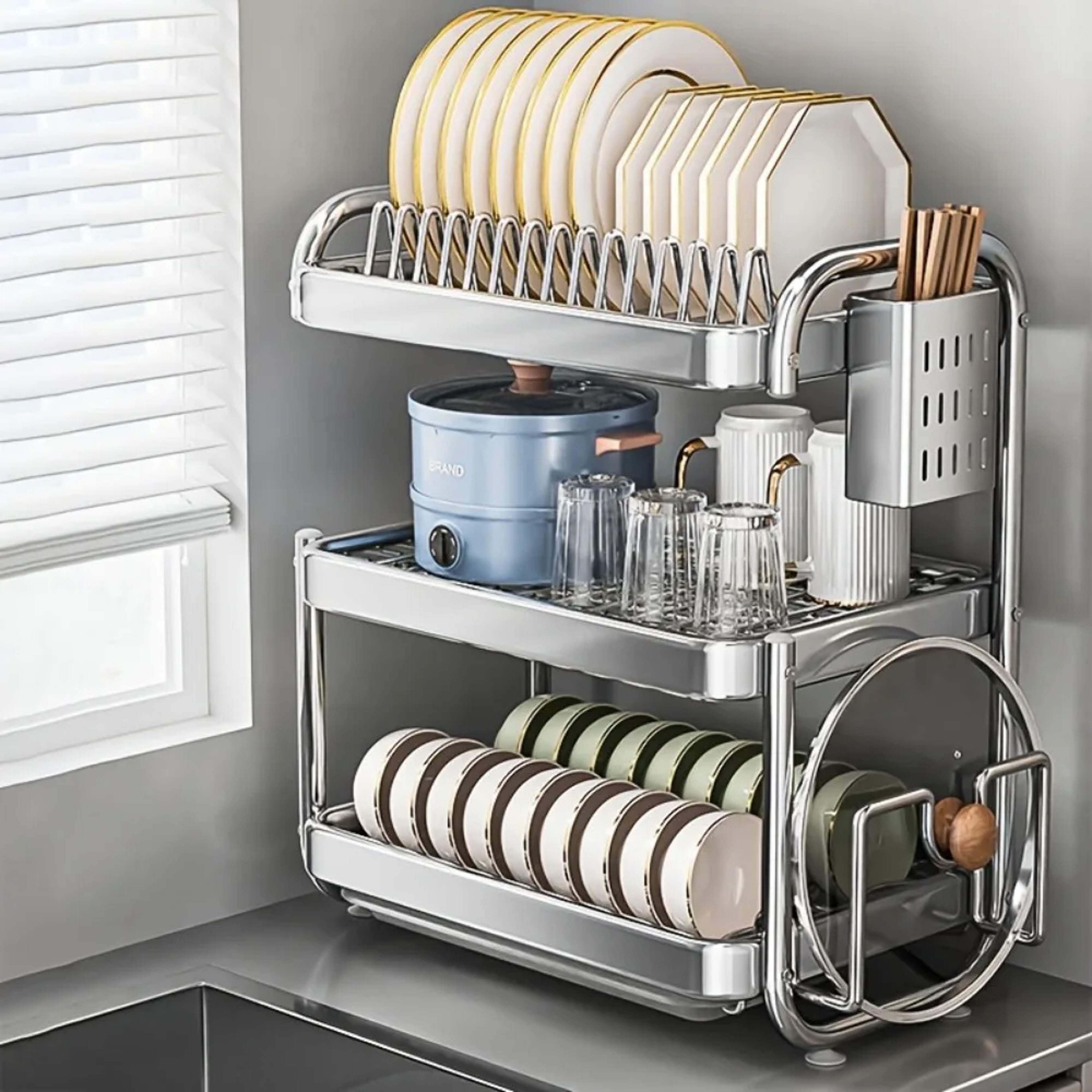 Large Capacity Bowl Drain Rack Breathable Stainless Steel Dish Rack MultiFunctional Kitchenware Acc