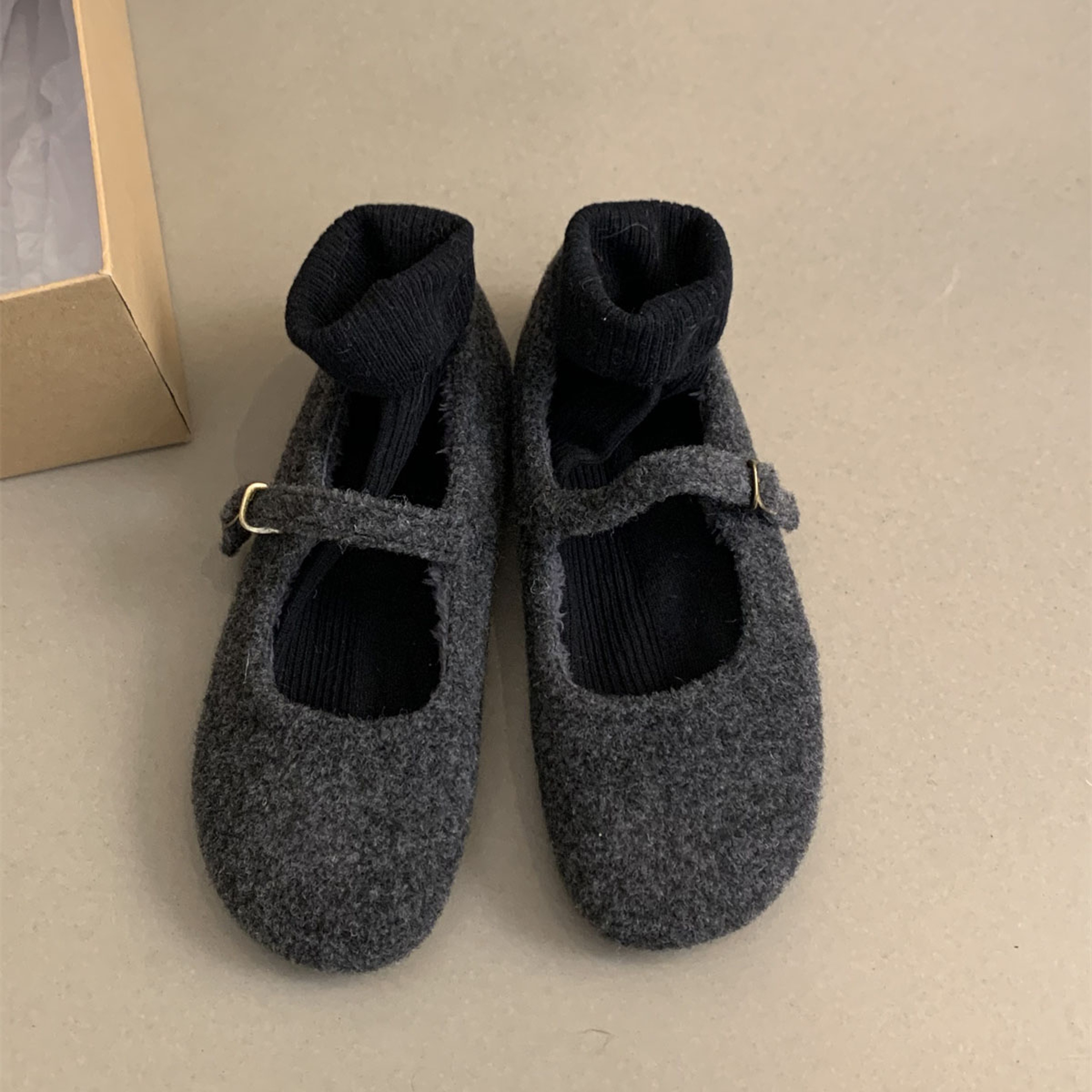 Ladies Wool Mary Jane Shoes Fashion Square Toe Fleece Ballet Flats Winter Warm Elegant Plush Loafer 6