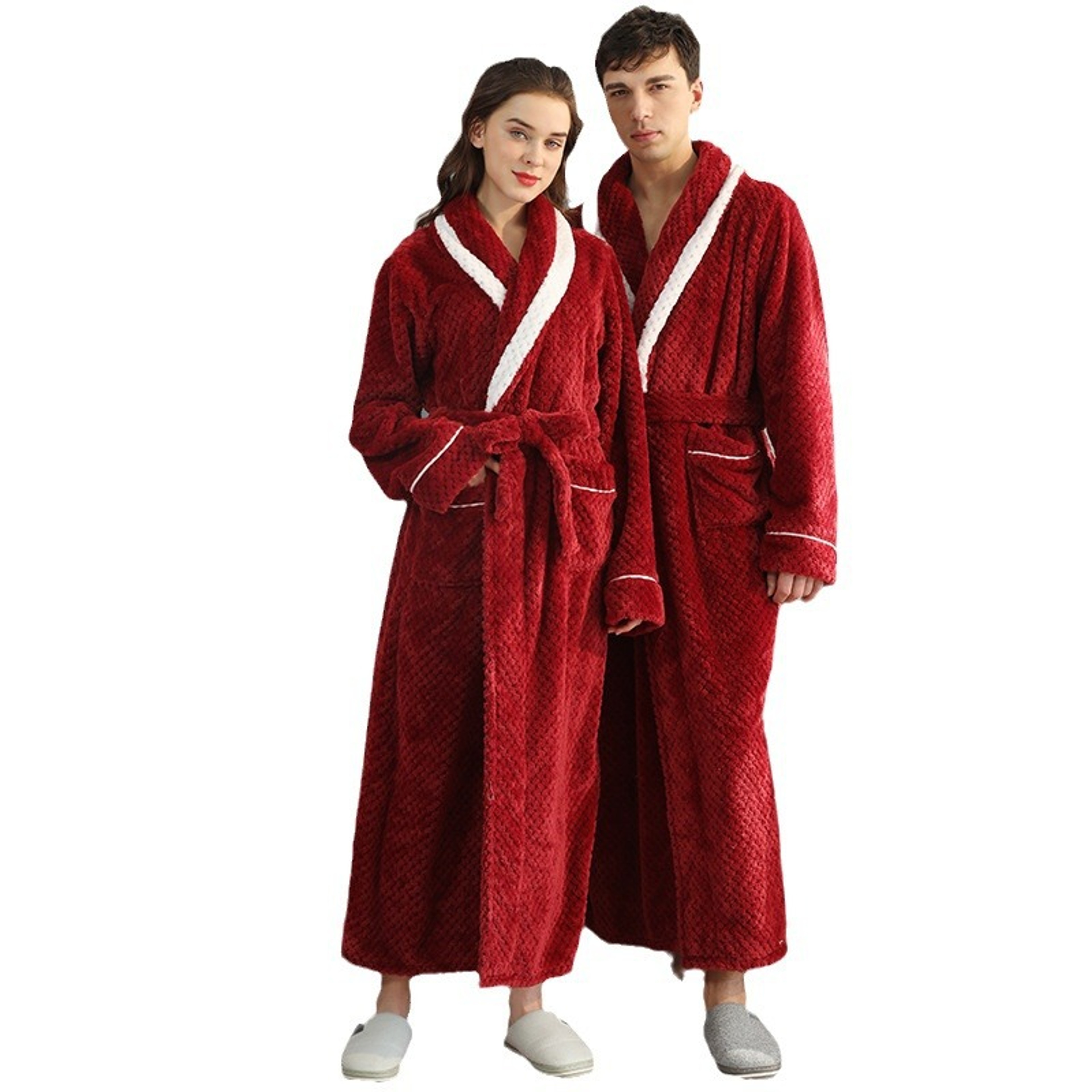 Thicken Winter Lovers Solid Flannel Robe Sets Couple Long Bathrobe Gown Nightwear With Pocket Intim 3
