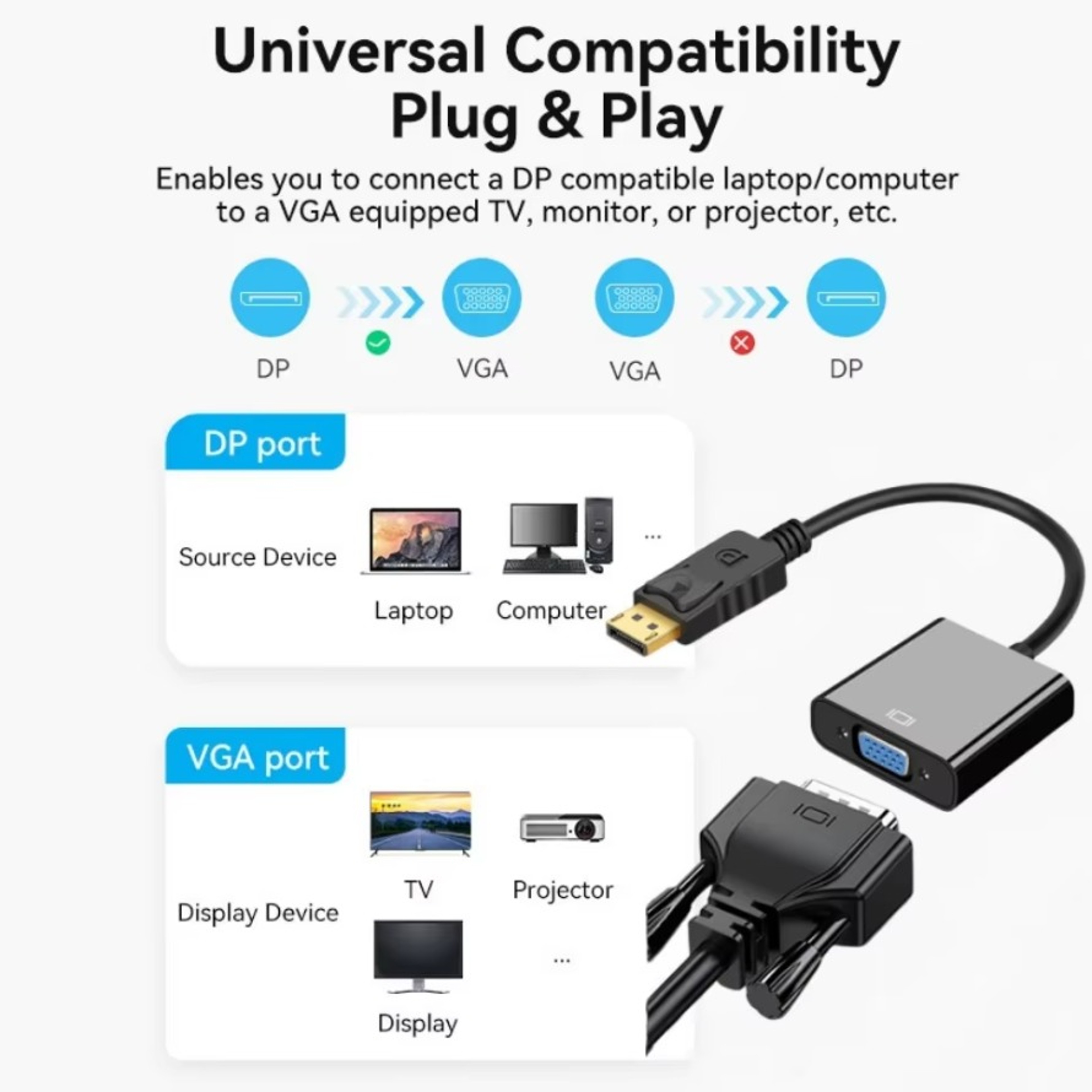 Display Port To VGA Adapter DP To VGA Cable Converter Male To Female VGA For Laptop Computer Projec 2