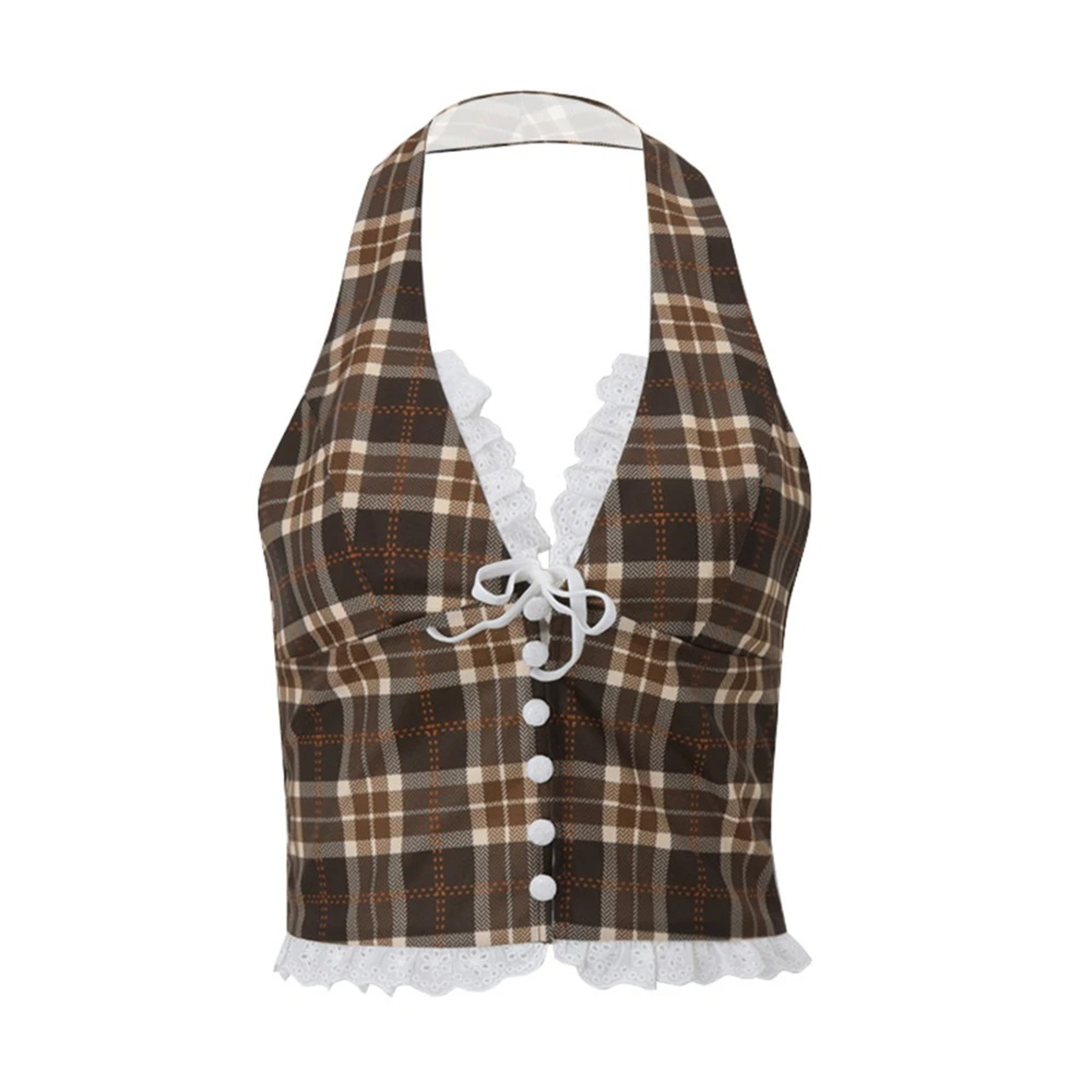 Halterneck Plaid Print Crop Top For Women Vneck Backless Lace Slim Tank Top With Bow Embellishment