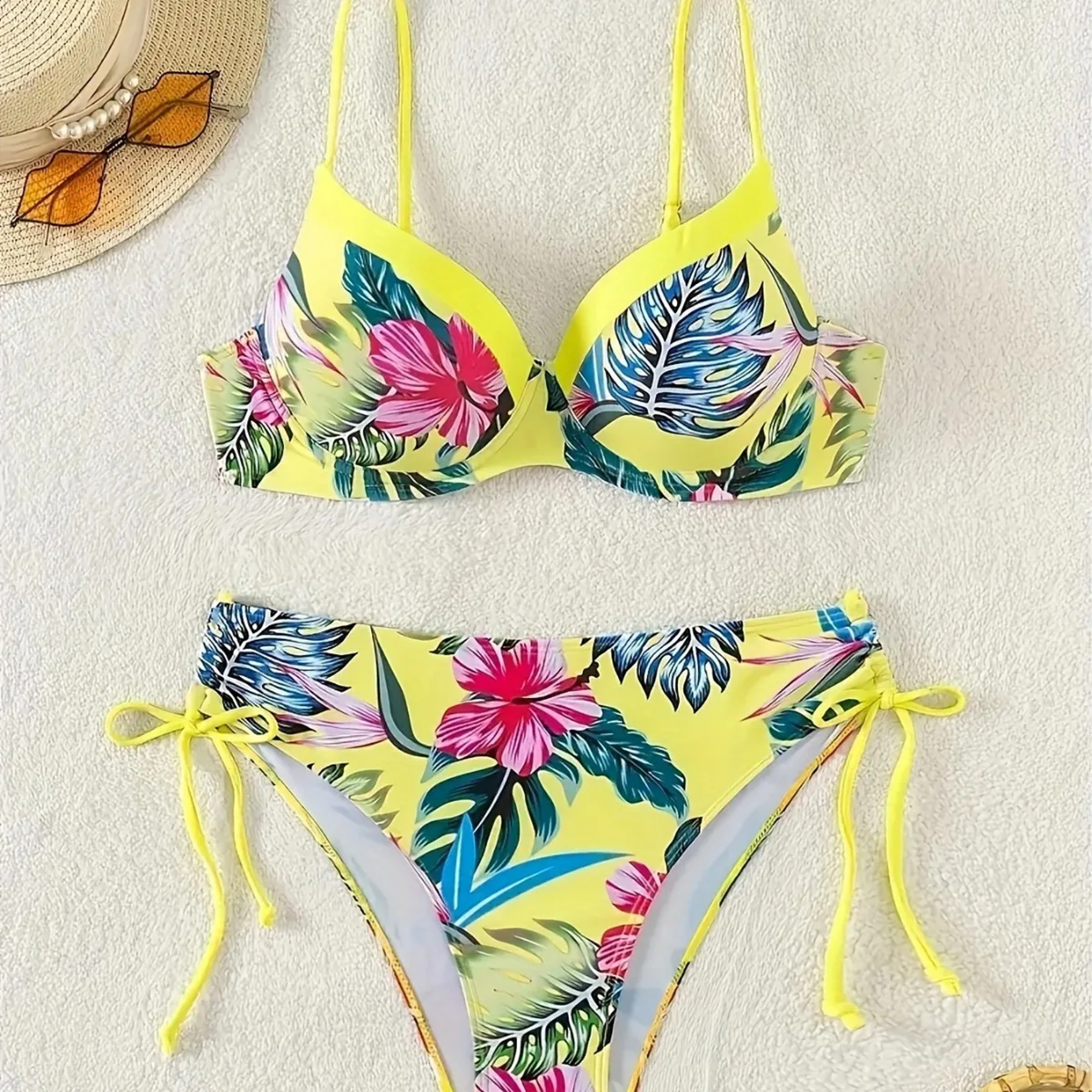 Women's Tropical Floral Print Bikini Set, High Elasticity Lycra, Button Details, Comfortable Fit Swimwear – view 3