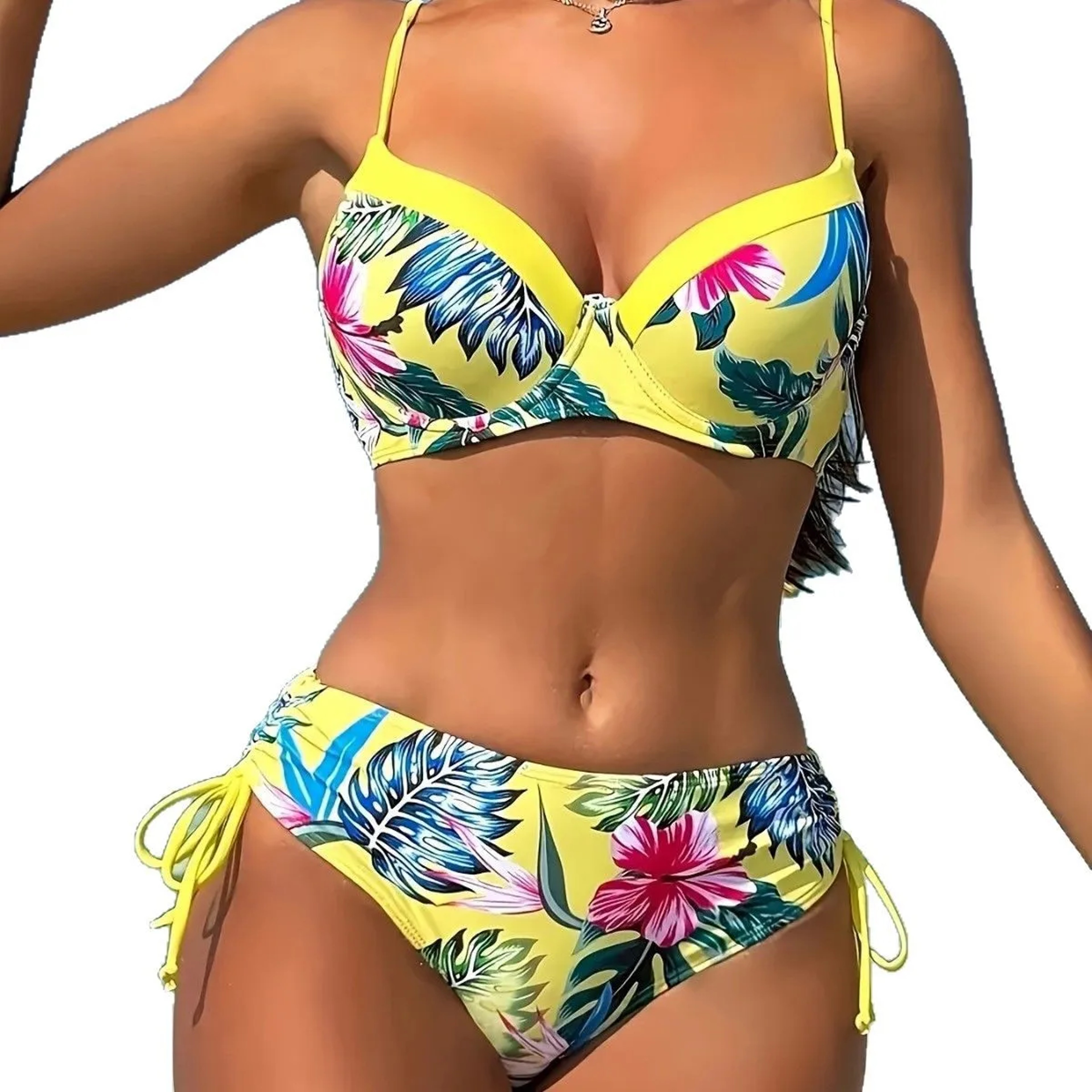 Women's Tropical Floral Print Bikini Set, High Elasticity Lycra, Button Details, Comfortable Fit Swimwear – view 5