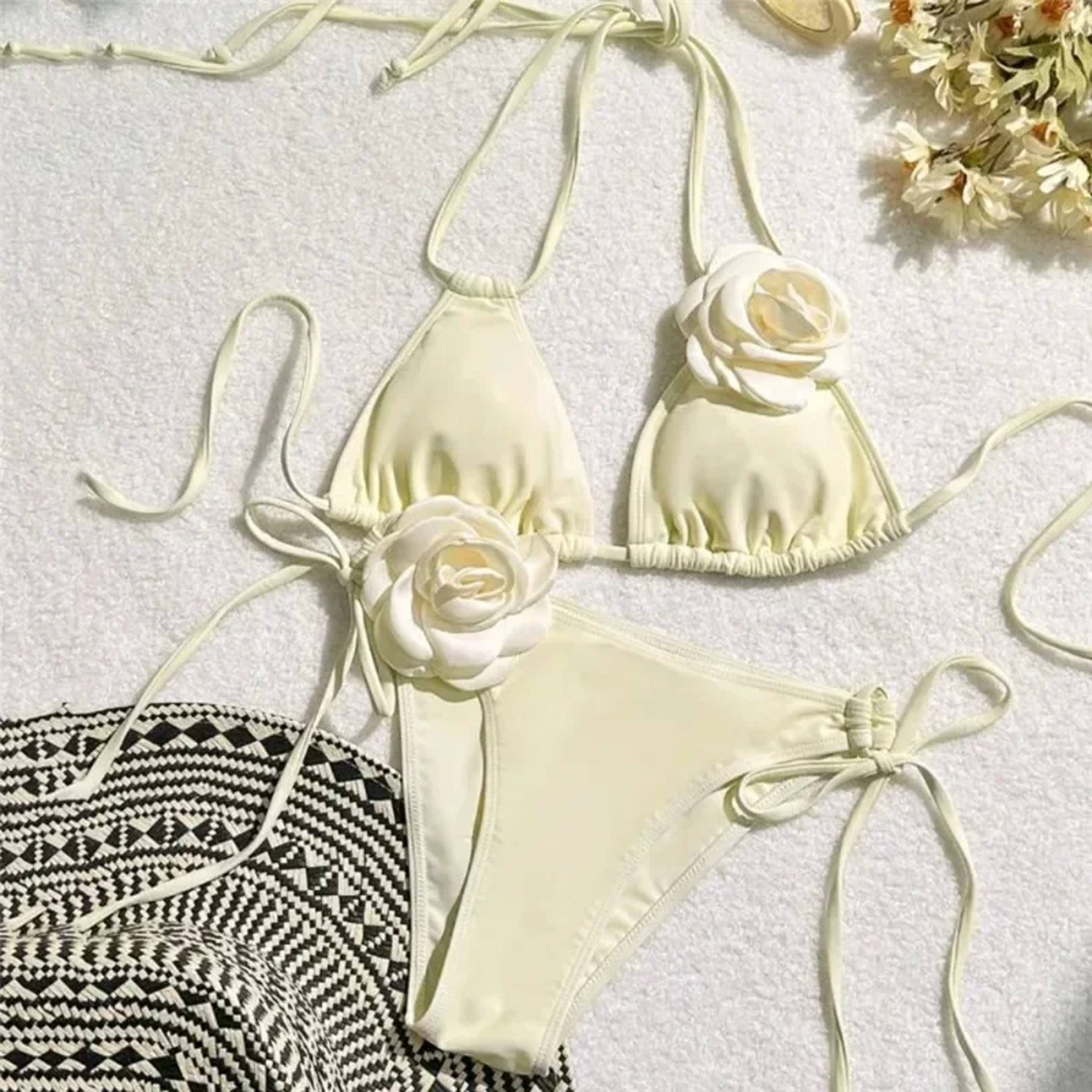 Sexy Flower Bandeau Thong Bikini Laceup Swimwear 2025 Women Brazilian Bikinis Set Mujer Swimming Ba