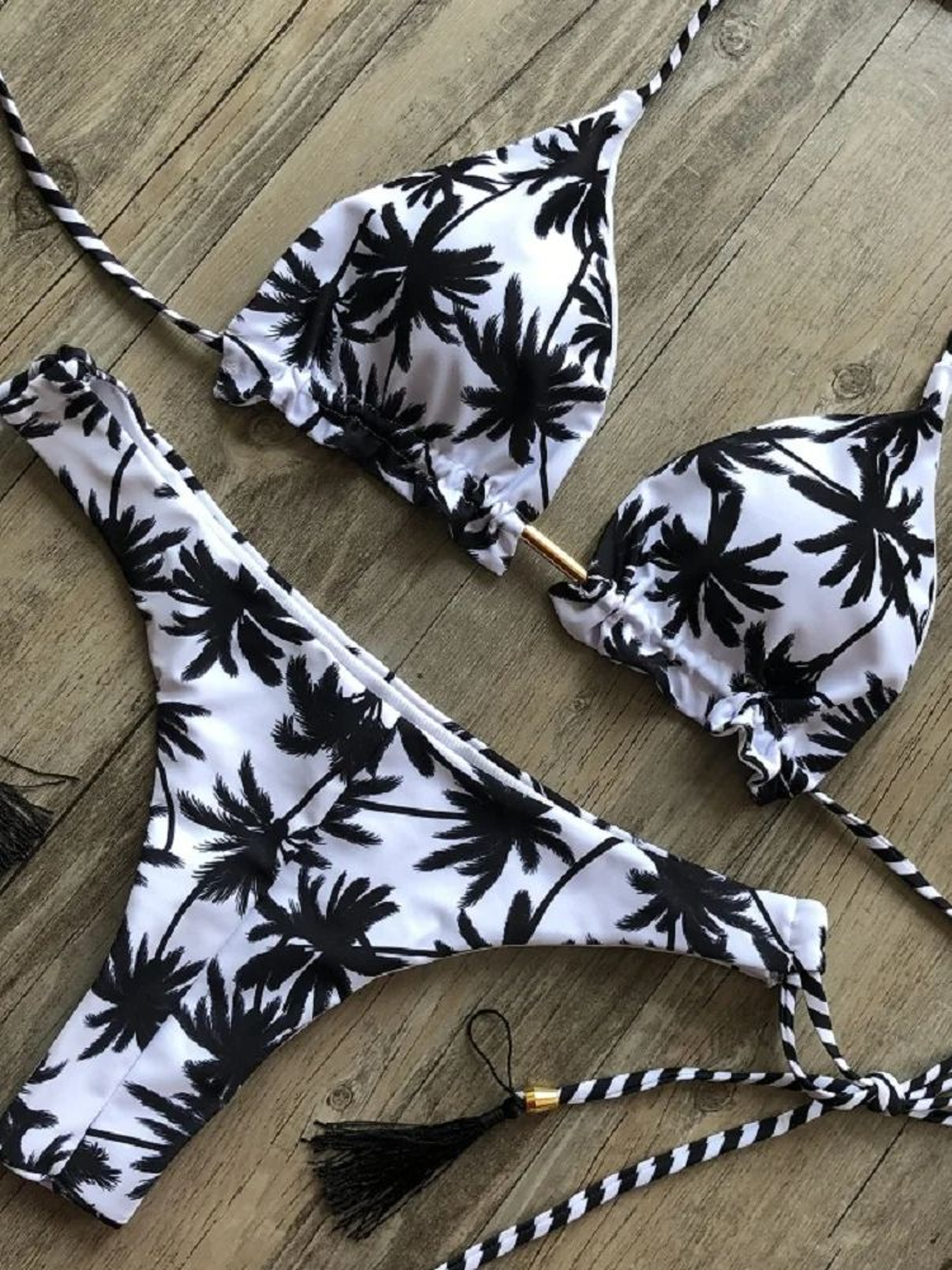 Sexy Black And White Coconut Tree Bikini Set Women Triangle Halter Swimsuit Brazilian Style Bathing 1
