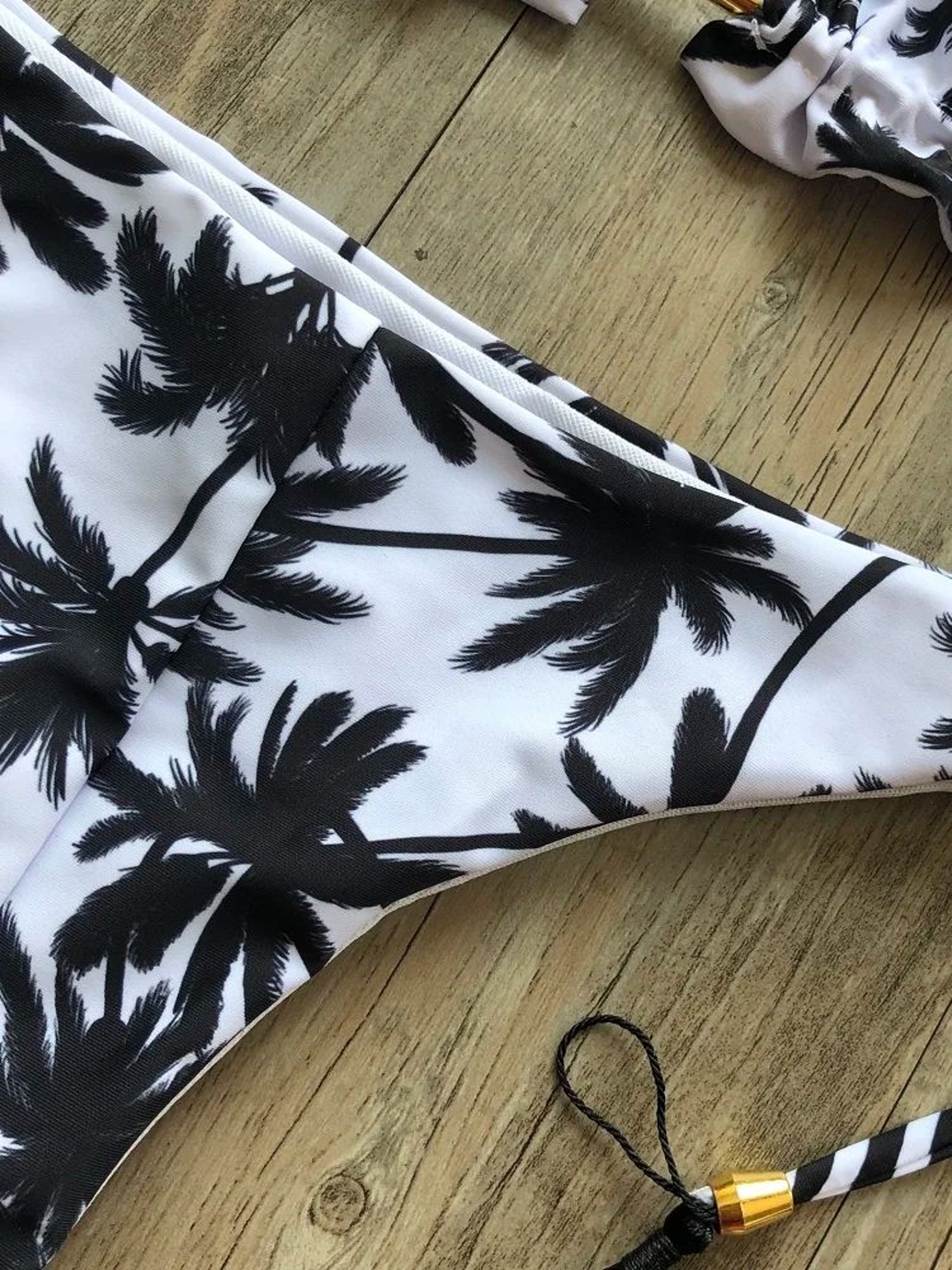 Sexy Black And White Coconut Tree Bikini Set Women Triangle Halter Swimsuit Brazilian Style Bathing 4