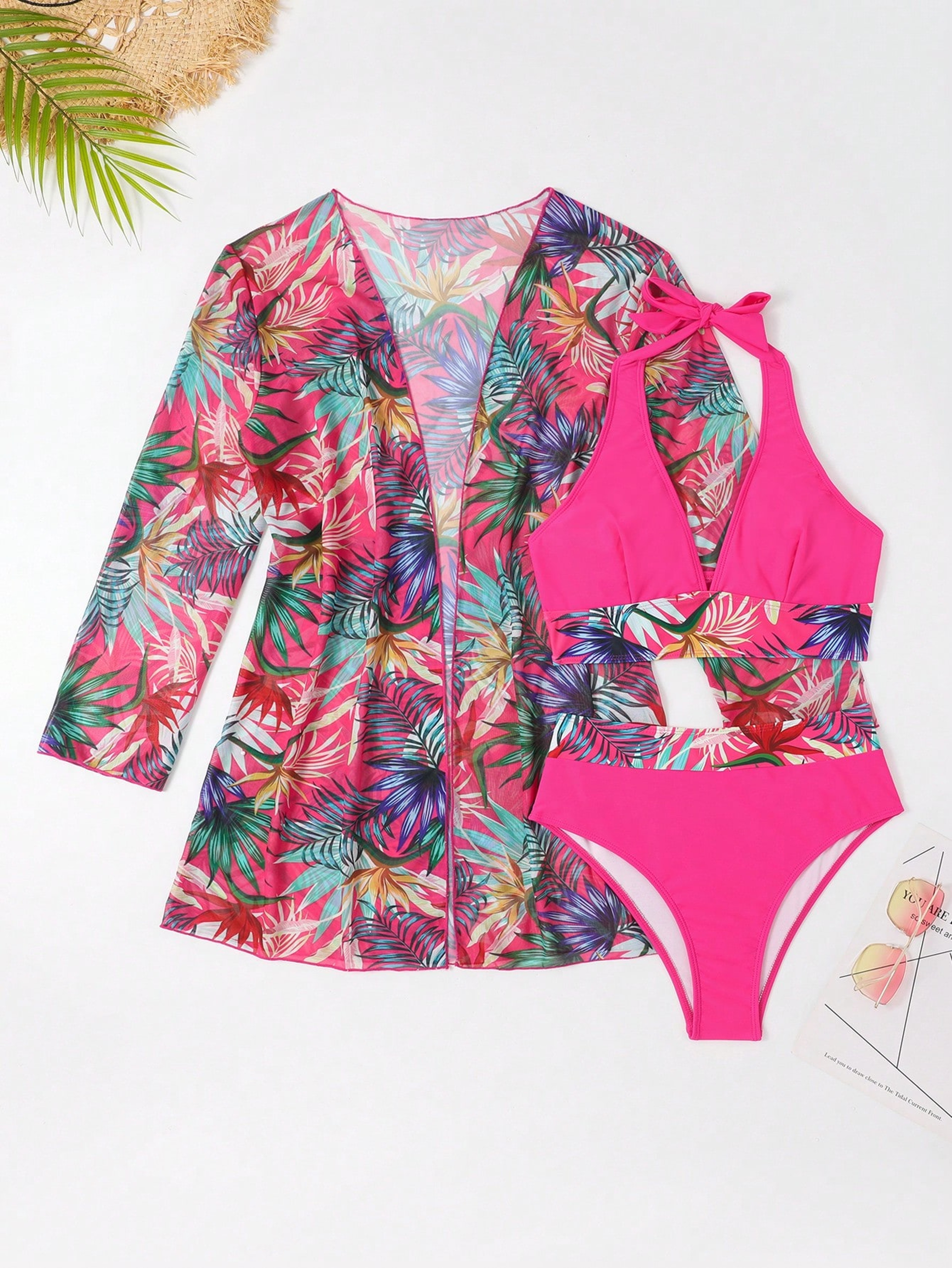 High Waist Swimwear Bikini For Women Halter Print Swimsuit With Kimono Beachwear Bathing Suit 7