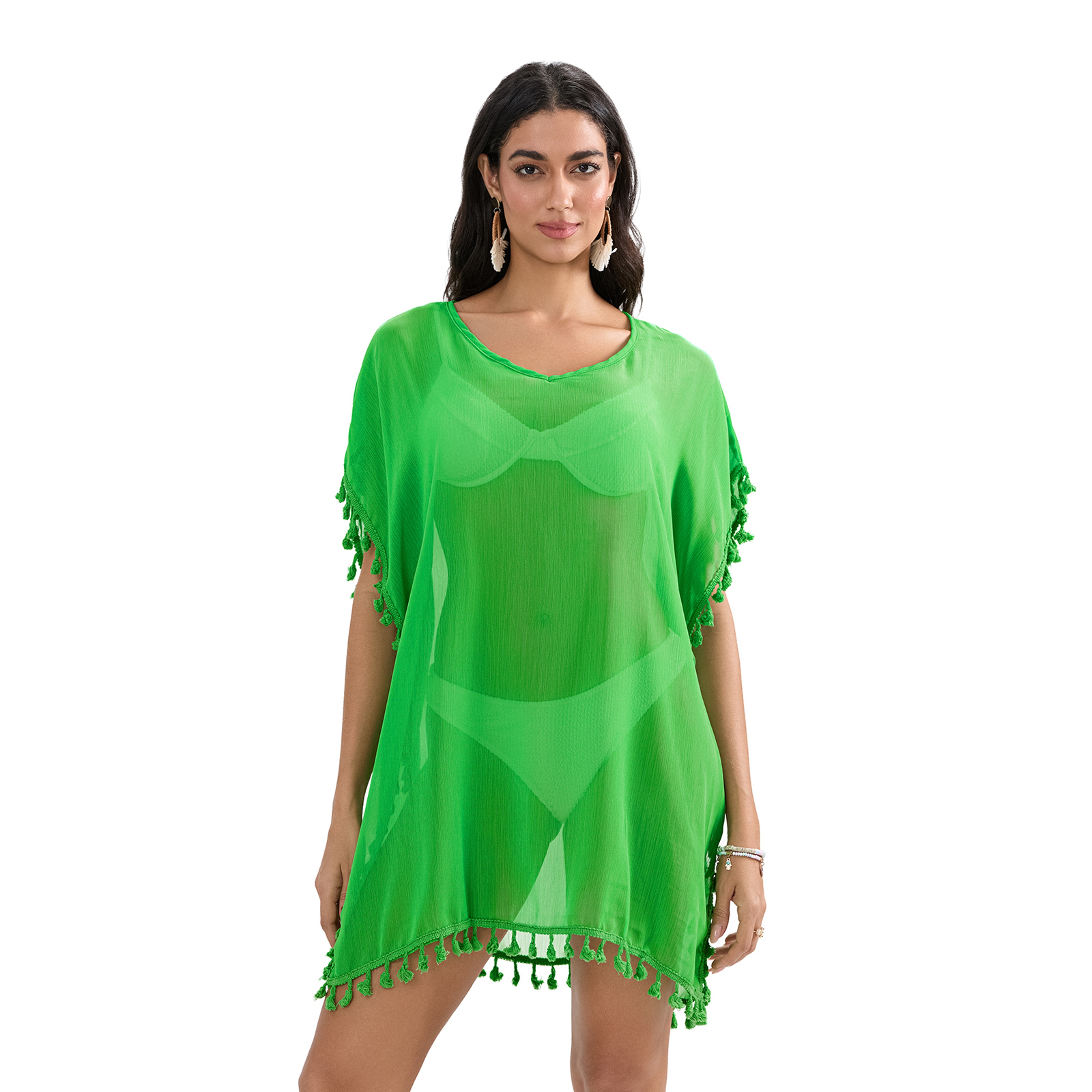Tassel Trim Bikini Cover Up Beach Dress Women SeeThrough Summer Swimsuit Mini Dress Coverups Sunscr 2
