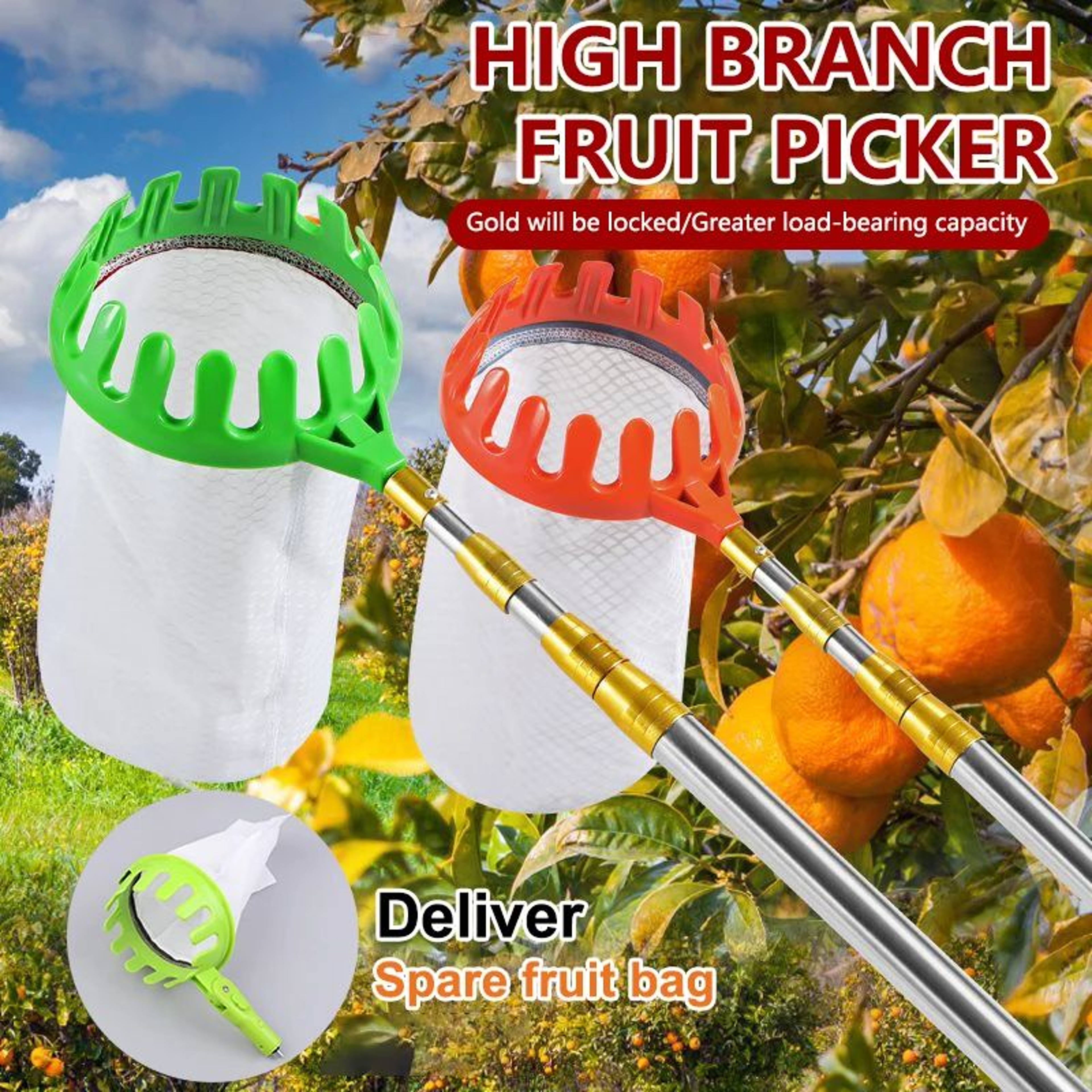 Garden Fruit Collector With Basket Speed Adjustable Picker Orchard Harvesting Tool 1