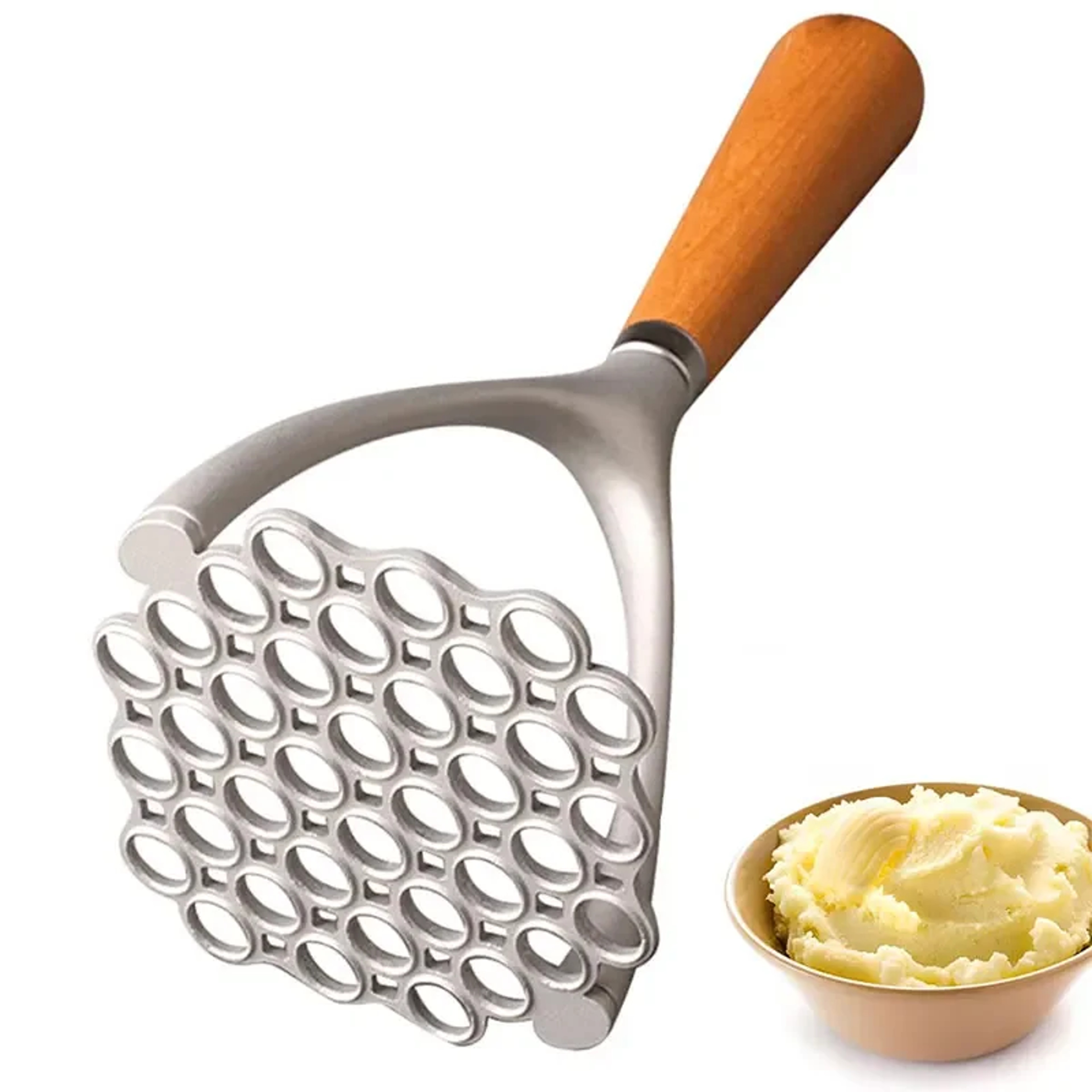 Wood Handle Garlic Pusher, Aluminum Manual Potato Masher, Meat Potato Pressor Tool, Whisk Food Cutter Crusher – view 1
