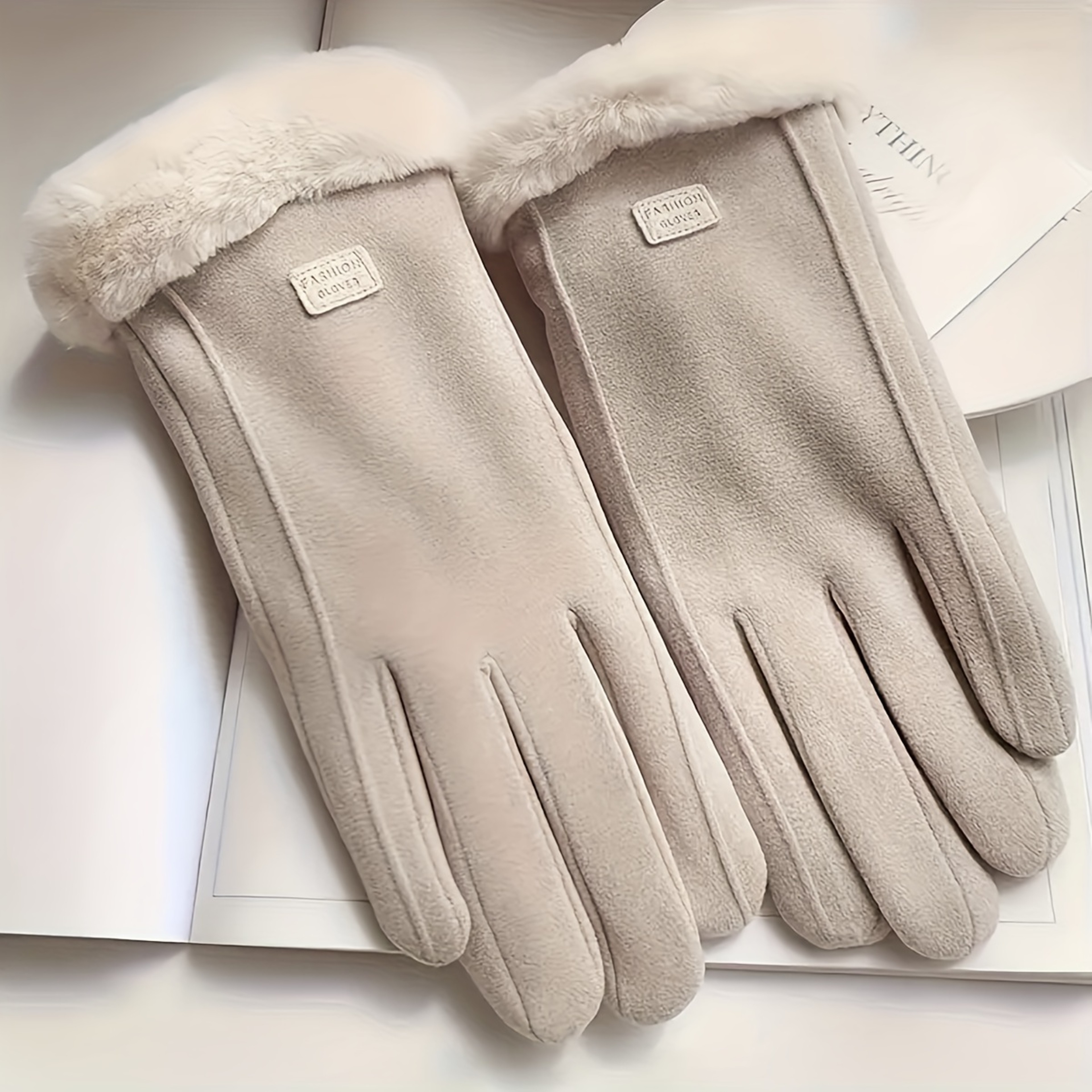 Plush Lined Comfortable Beige Gloves, Winter Protection, Touchscreen Compatible, Outdoor Leisure Warm Gloves – view 2
