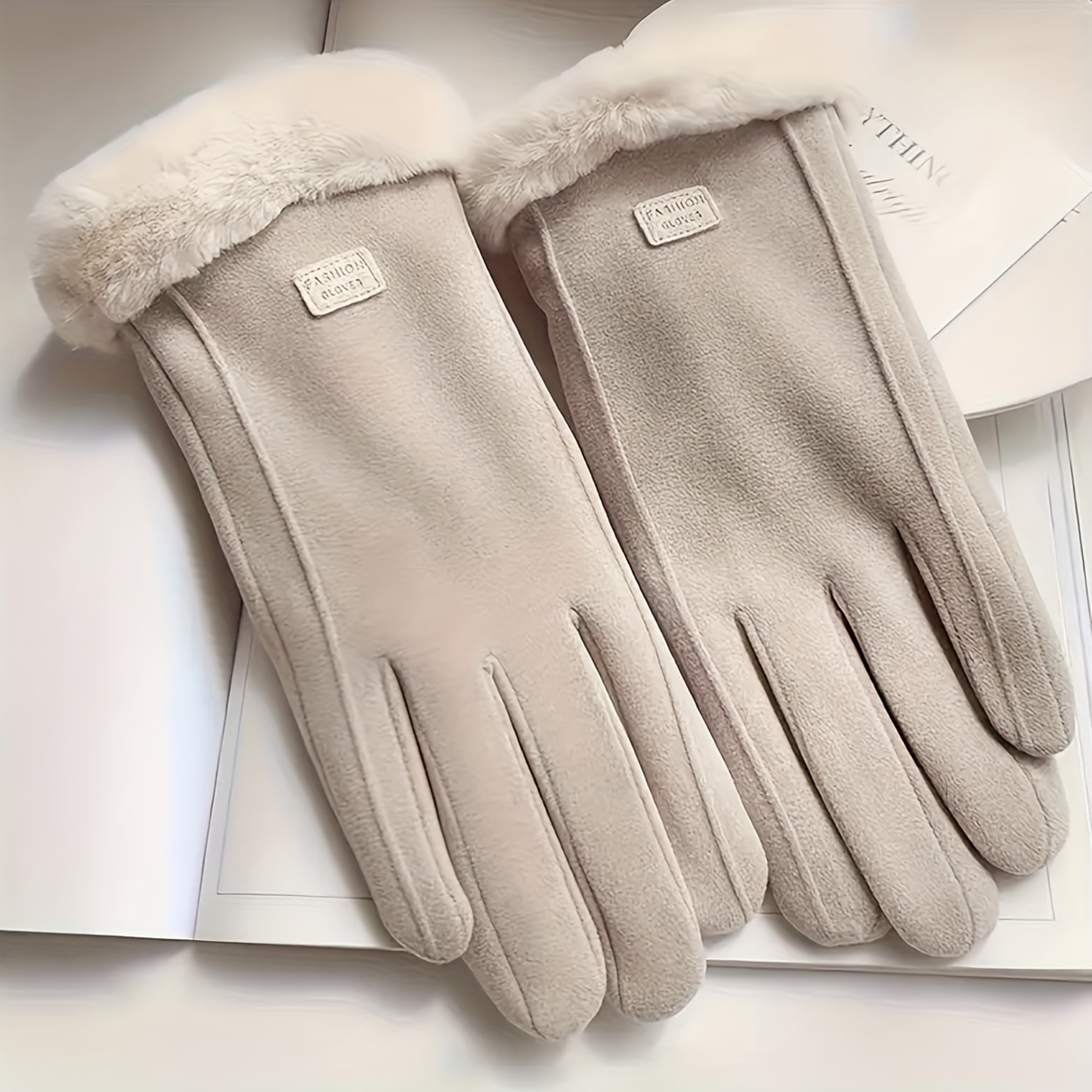 Plush Lined Comfortable Beige Gloves, Winter Protection, Touchscreen Compatible, Outdoor Leisure Warm Gloves – view 6