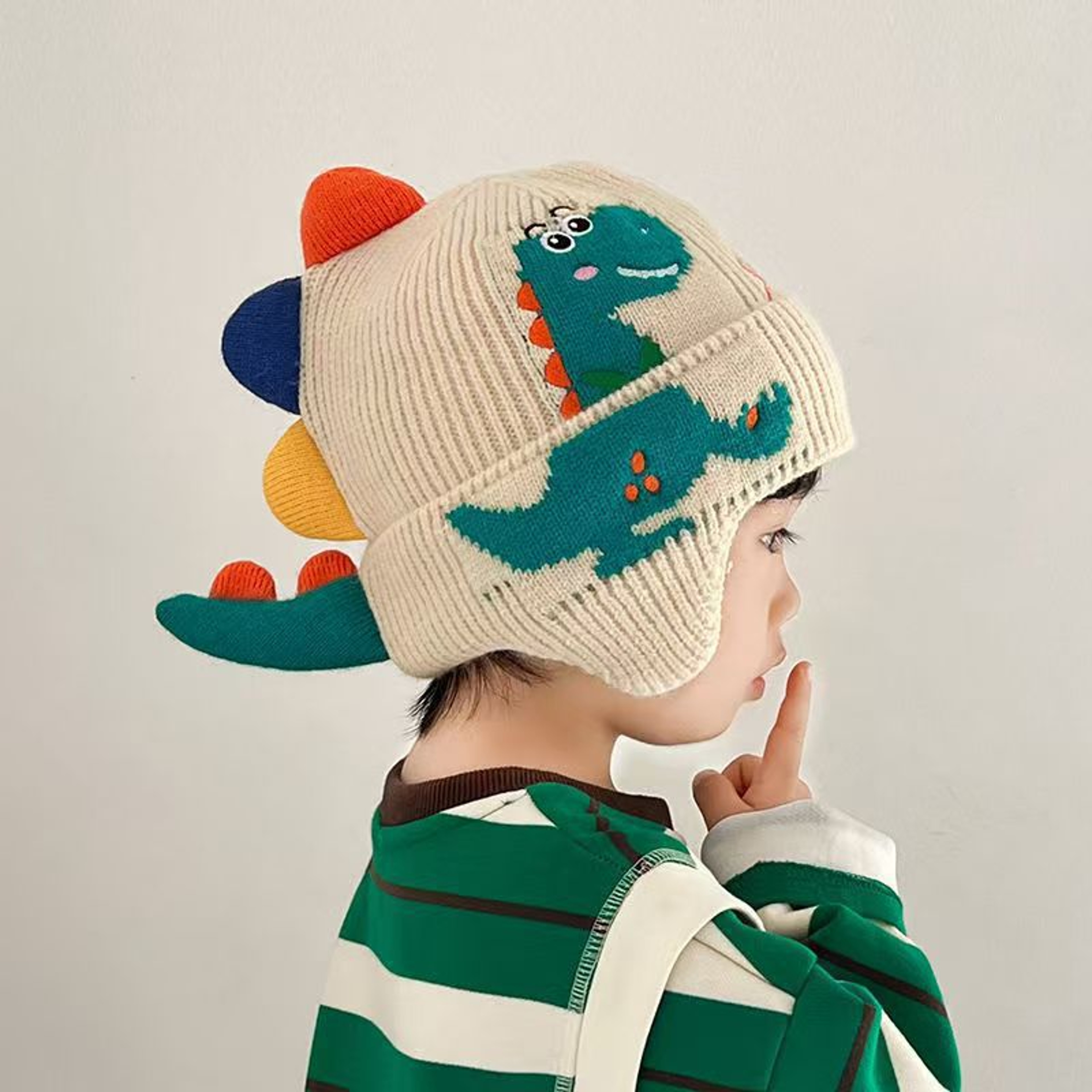 3D Dinosaur Kids Earmuffs Cap Cartoon, Winter Warm Baby Ear Protection Hat, Toddler Woolen Knitted Hats – view 4